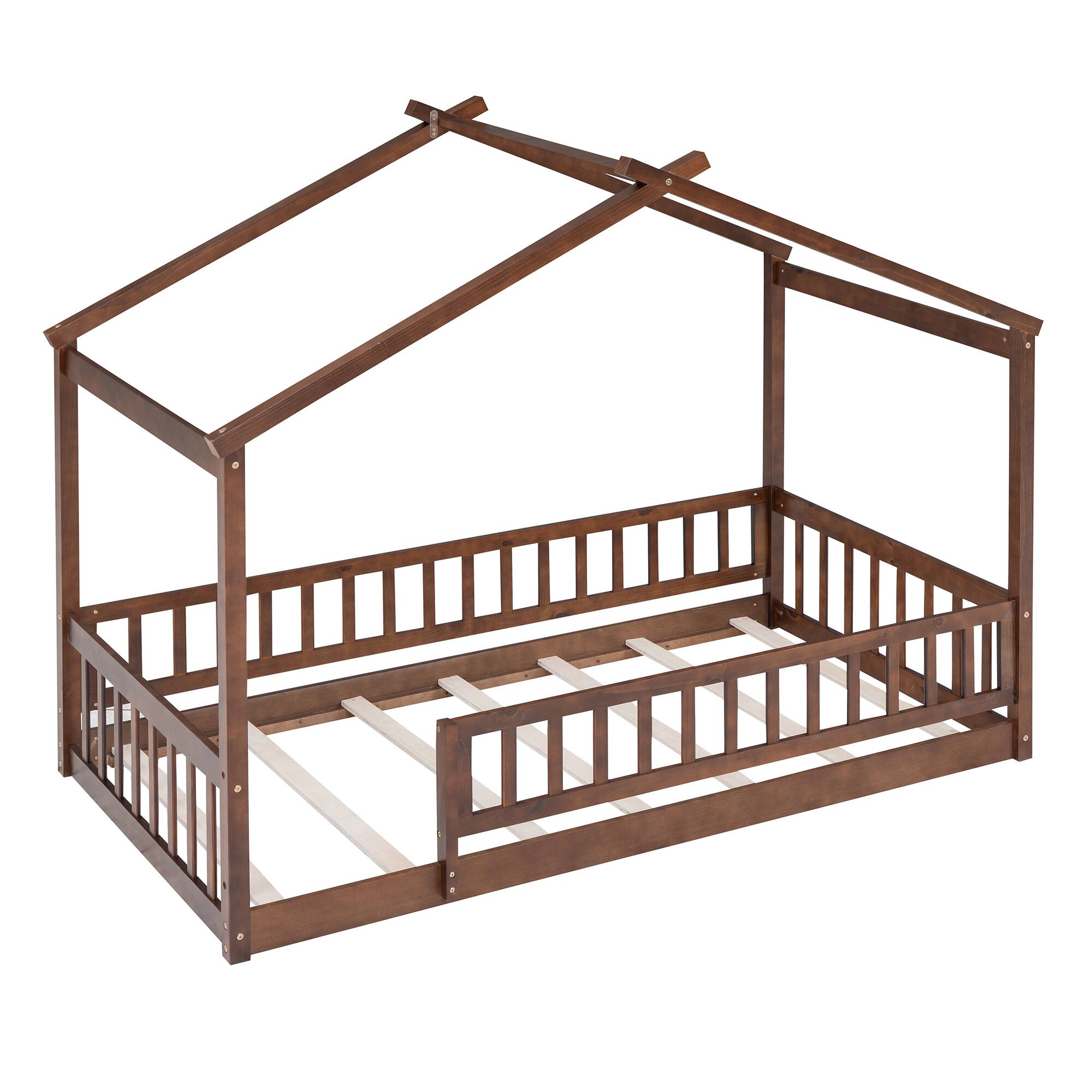 Alt View 4. Whisen - Twin Size Wood House Bed Frame with Fence for Kids and Teens - Walnut.