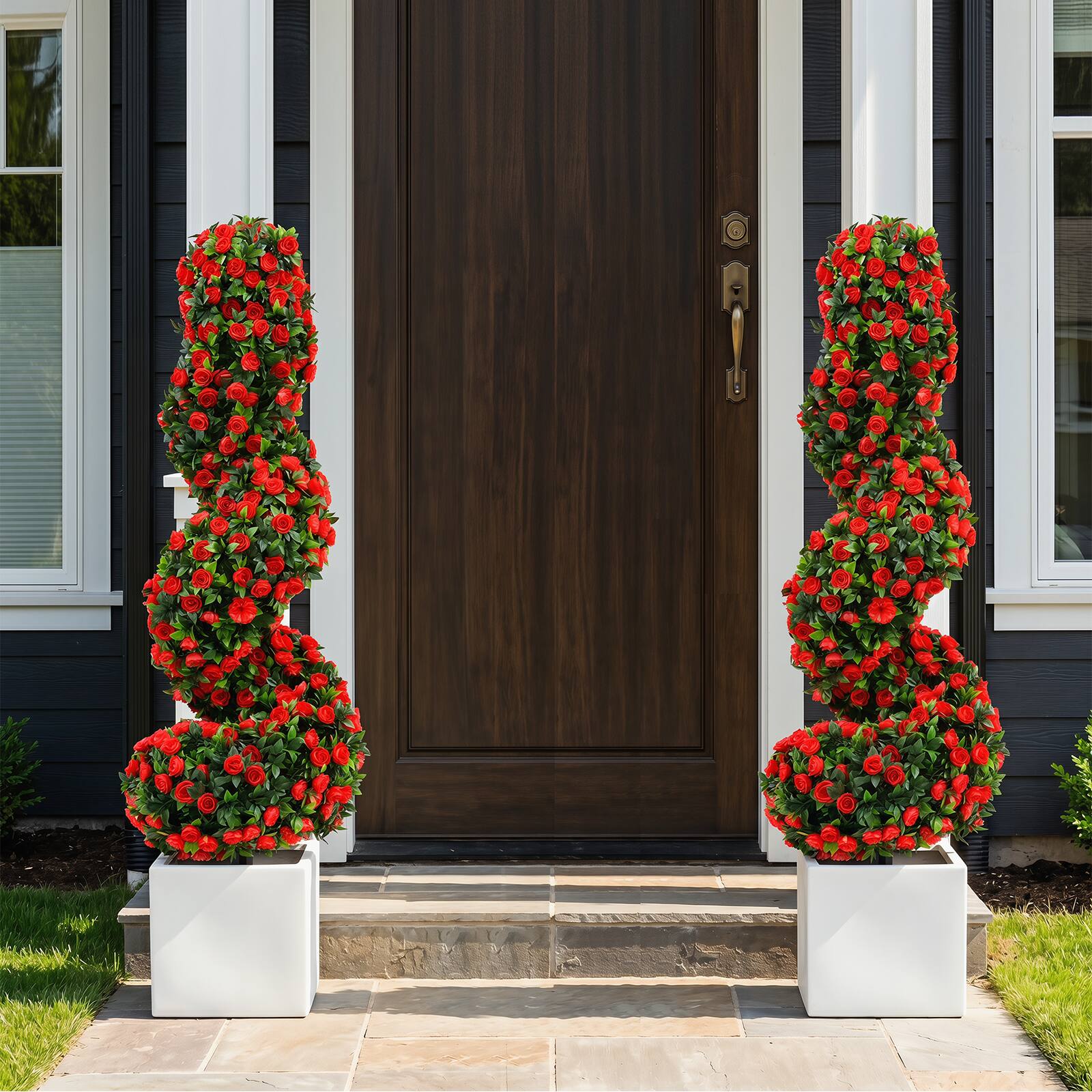 Alt View 1. Gymax - Gymax Artificial Spiral Topiary Trees Set of 2 w/ Sun Protection & Ground Spikes Red - Red.