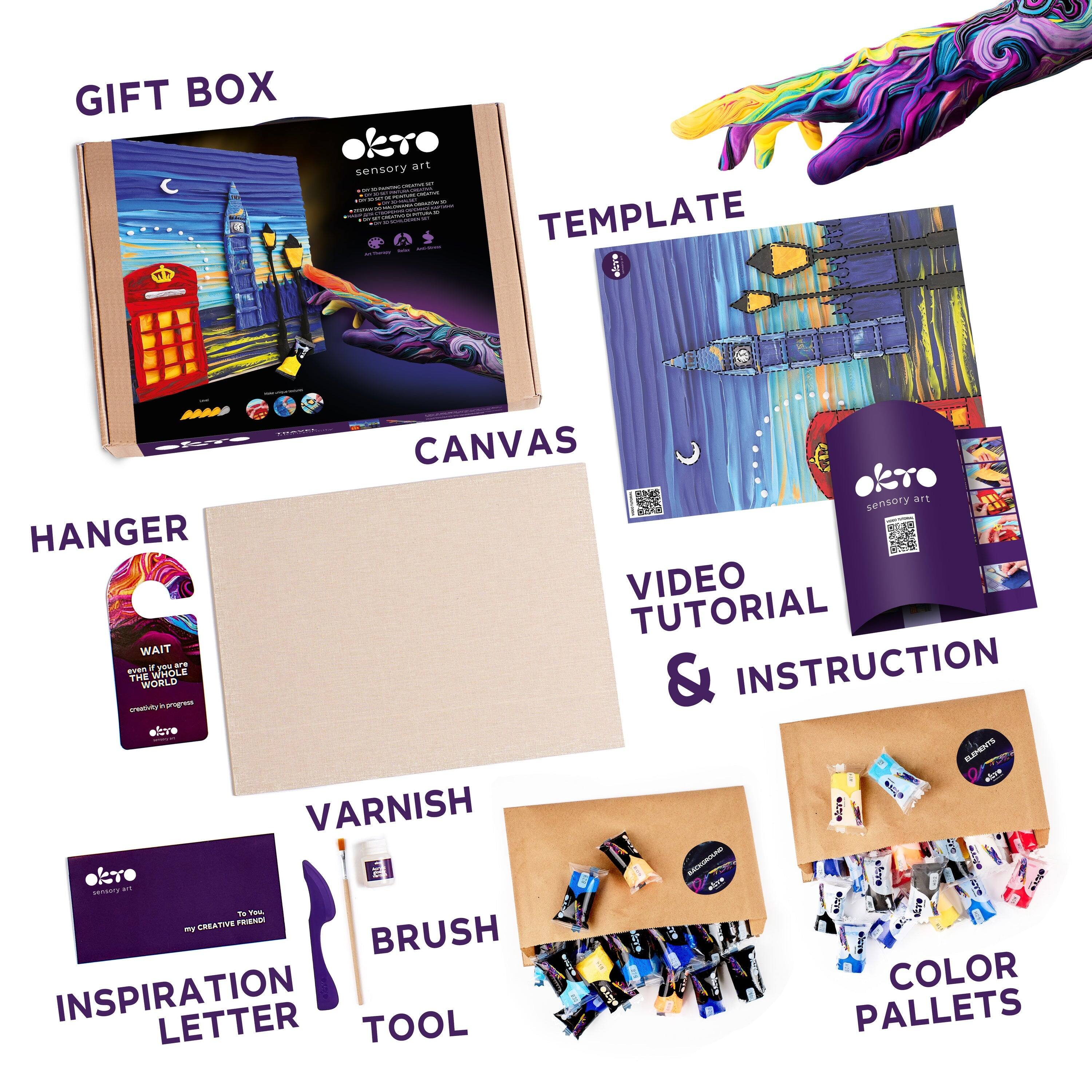 GIFT BOX  
TEMPLATE  
CANVAS  
HANGER  
VIDEO TUTORIAL & INSTRUCTION  
VARNISH  
BRUSH  
INSPIRATION LETTER  
COLOR PALETS