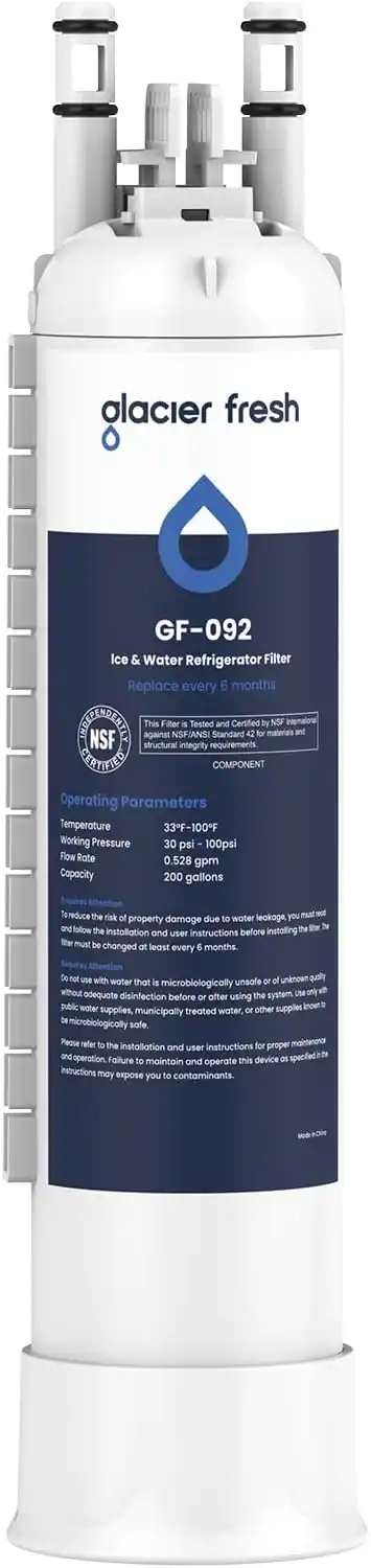 glacier fresh  
GF-092 Ice & Water Refrigerator Filter  
Replace every 6 months  

This Filter - Tested and Certified by NSF against NSF/ANSI Standard 42 SOF and NSF structural integrity requirements  
CERTIFIED COMPONENT  

Operating Parameters  
Temperature 33F-100F  
Working Pressure 30 psi - 100psi  
Flow Rate 0.528 gpm  
Capacity 200 gallons  

To reduce the risk of property damage due to water leakage, you must properly follow the installation and user instructions before installing the filter. The filter must be changed at least every 6 months.  

Do not use with water that is microbiologically unsafe or of unknown quality without adequate disinfection before or after using the system. Use only water that is microbiologically safe.  

Refer to the installation and user instructions for proper maintenance and operation. Failure to maintain and operate this device as specified may expose you to contaminants.