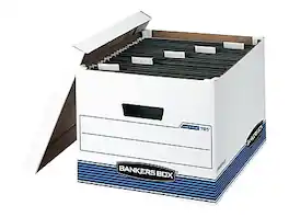 Bankers Box - Medium-Duty FastFold Corrugated File Boxes, Lift-off Lid, Letter/Legal Size, White/Blue, 4/Carton (00785) - White and Blue