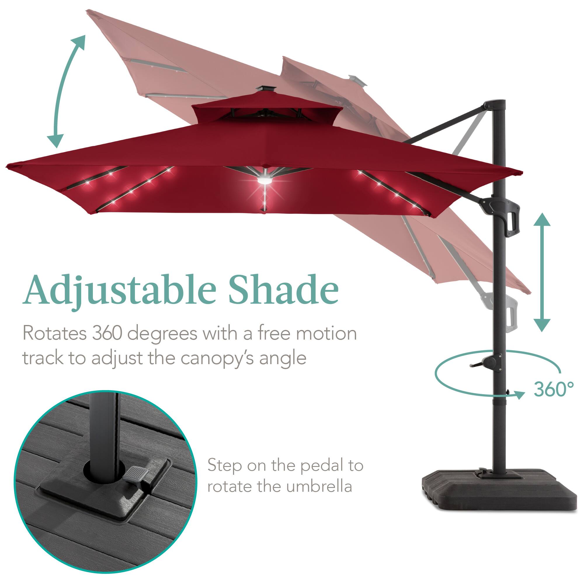 Adjustable Shade  
Rotates 360 degrees with a free motion track to adjust the canopy's angle  

Step on the pedal to rotate the umbrella