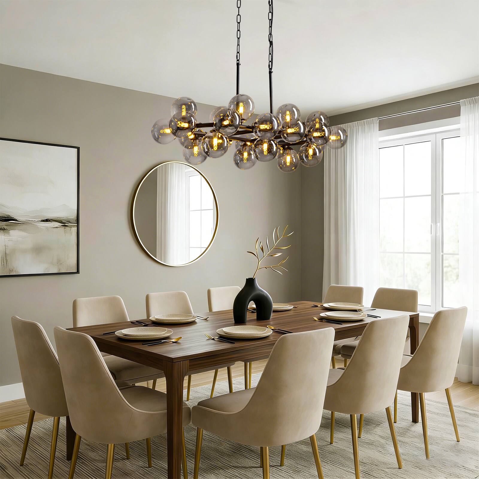 Alt View 2. Siljoy - 47 Inch 24 Lights Luxury Smoke Globe Linear Molecular Chandelier for  Island Dining Room Living Room and Foyer - smoky gray.