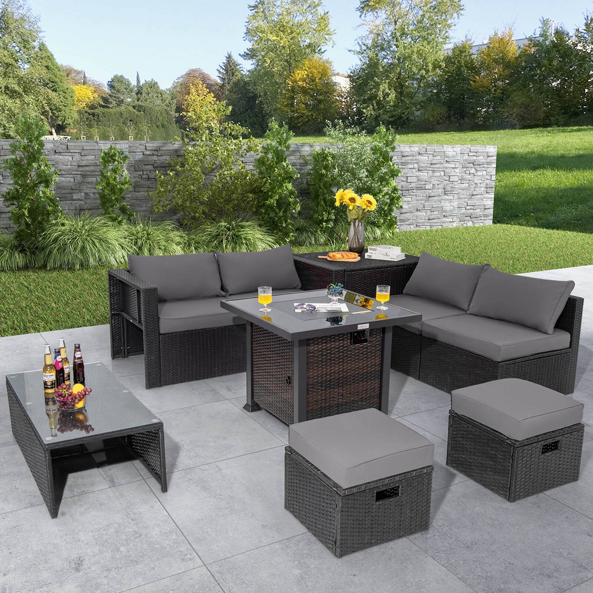 Alt View 1. Costway - 9 PCS Patio Furniture Set with 32" Fire Pit Table 50,000 BTU Square Propane Fire Pit - Grey.