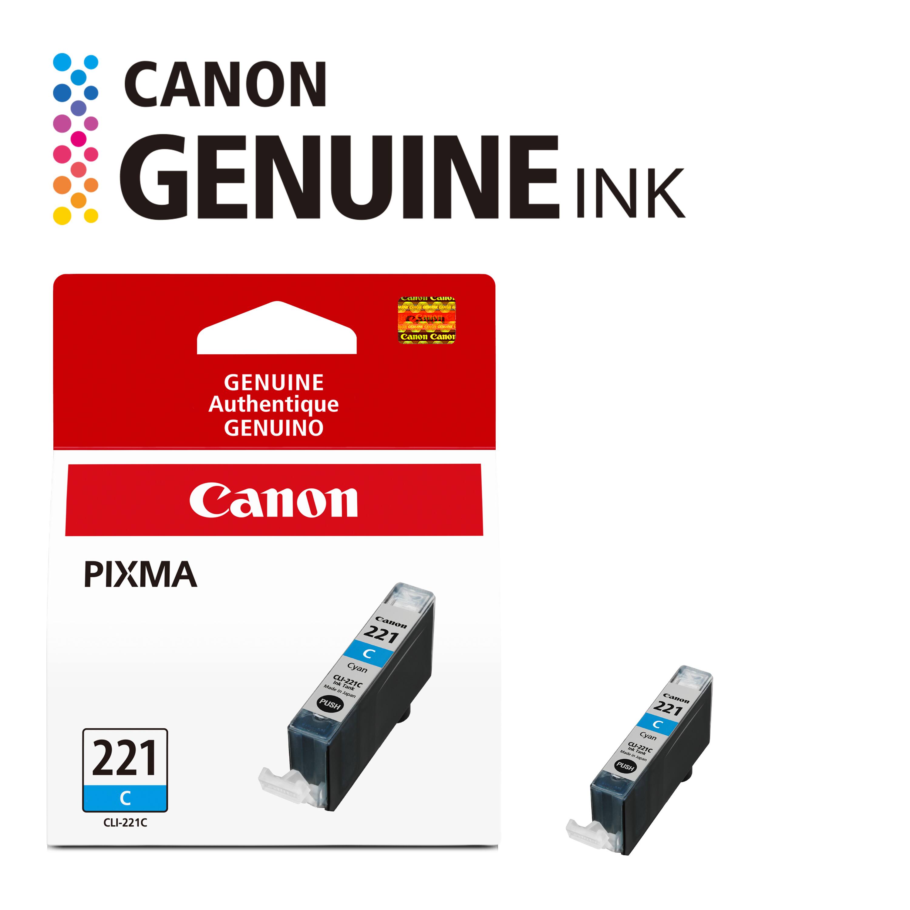 CANON GENUINE INK

Compa Cam
Samm -
Canon Canor
GENUINE Authentique GENUINO
Canon
PIXMA
221 
Canon 221  Cyan Made CLI-221C - . take Japen PUSH
canon 221  Cyan Wilk CU-221C take minutes PUSH
CLI-221C