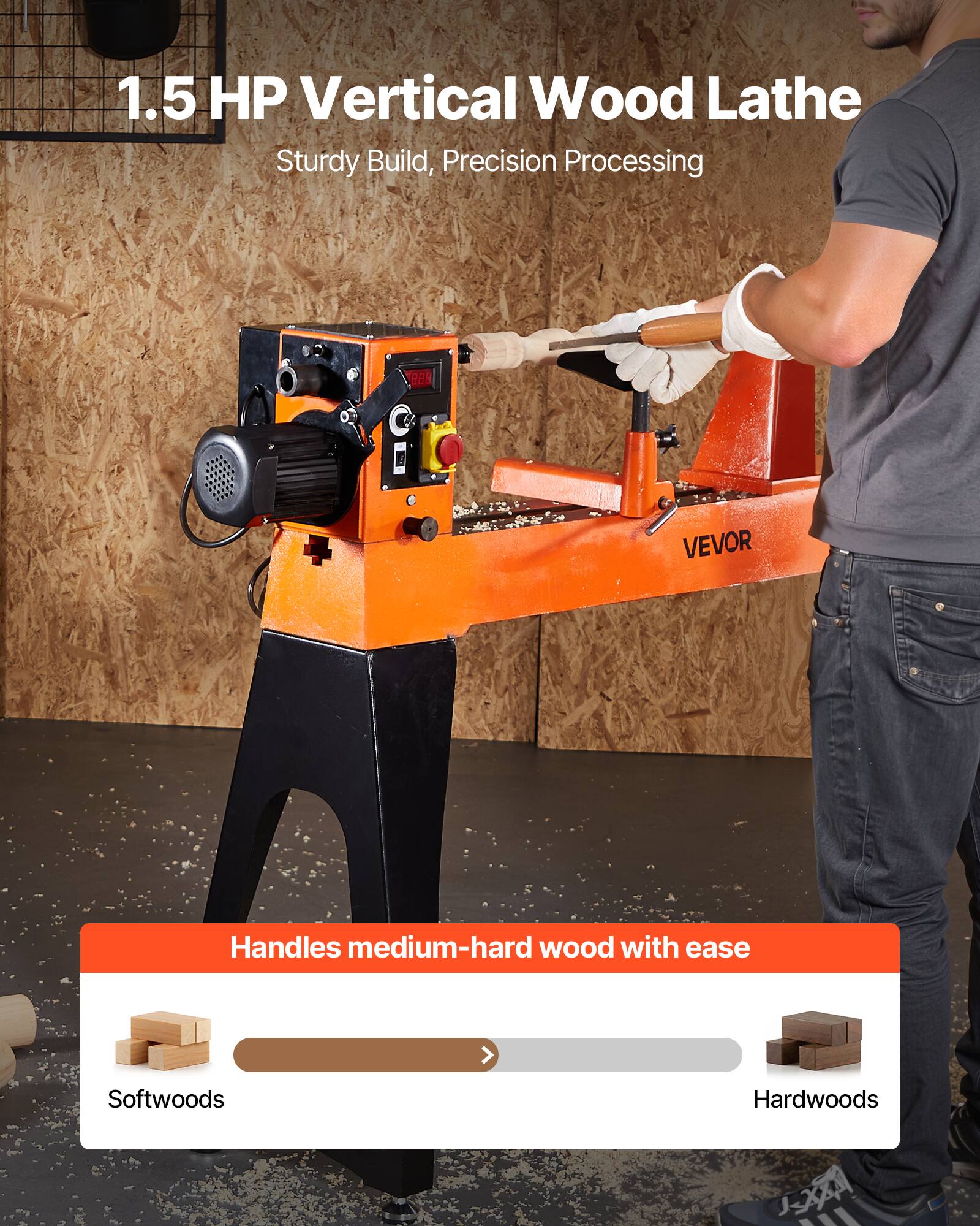 1.5 HP Vertical Wood Lathe  
Sturdy Build, Precision Processing  

Handles medium-hard wood with ease  
Softwoods  
Hardwoods