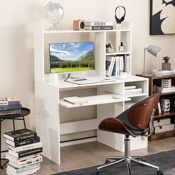 Gymax Computer Desk w/ Built in Charge Station Wooden Writing Desk Gymax Computer Desk w/ Built in Charge Station Wooden Writing Desk