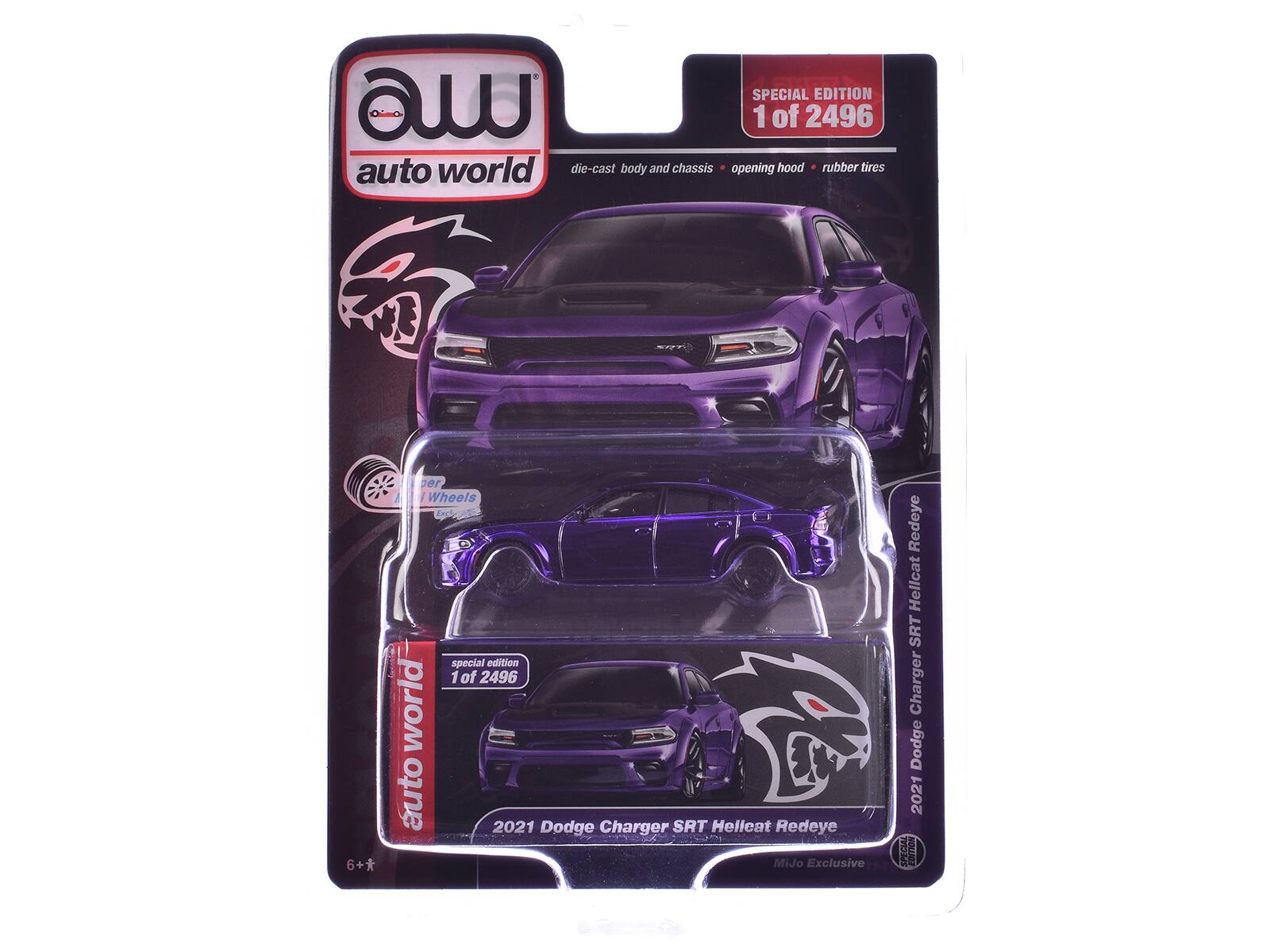 SPECIAL EDITION  
1 of 2496  
auto world  
die-cast body and chassis • opening hood • rubber tires  

2021 Dodge Charger SRT Hellcat Redeye  
MJO Exclusive  

6+