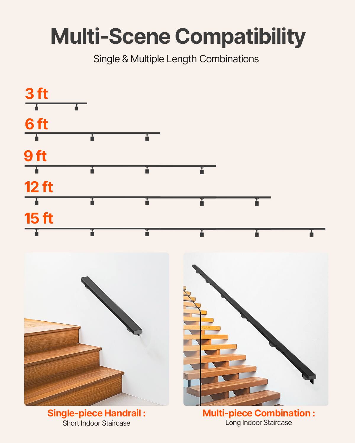 Multi-Scene Compatibility  
Single & Multiple Length Combinations  

3 ft  
6 ft  
9 ft  
12 ft  
15 ft  

Single-piece Handrail:  
Short Indoor Staircase  

Multi-piece Combination:  
Long Indoor Staircase