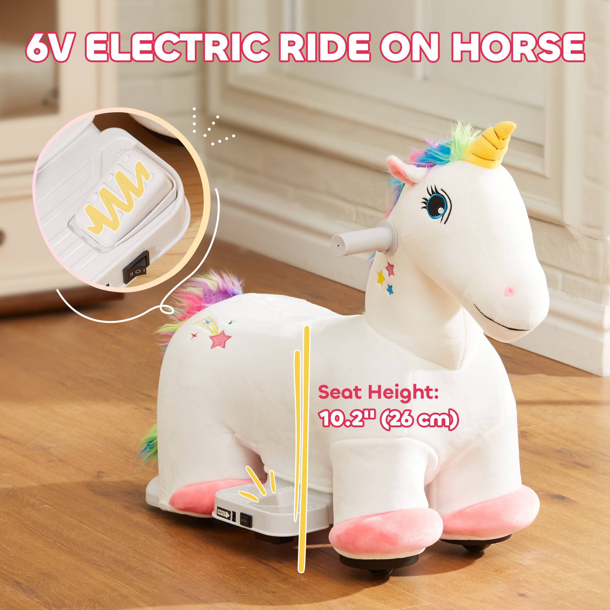 6V Electric Ride On Horse

Seat Height: 10.2" (26 cm)