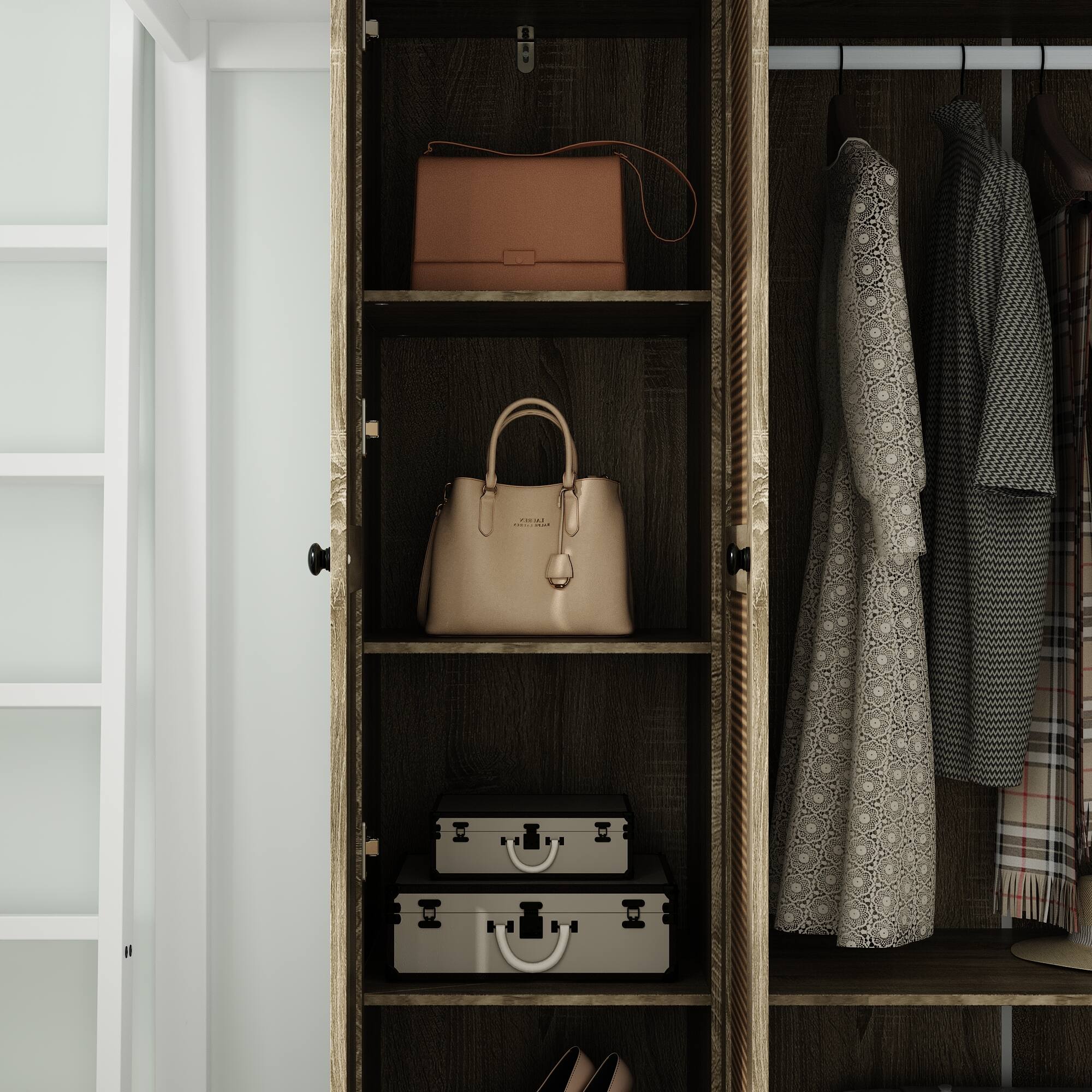 Alt View 5. Famapy - Woven Rattan 3-Door Wardrobe with Large Hanging Space, Shelves & Drawers for Bedroom Storage - Wooden.