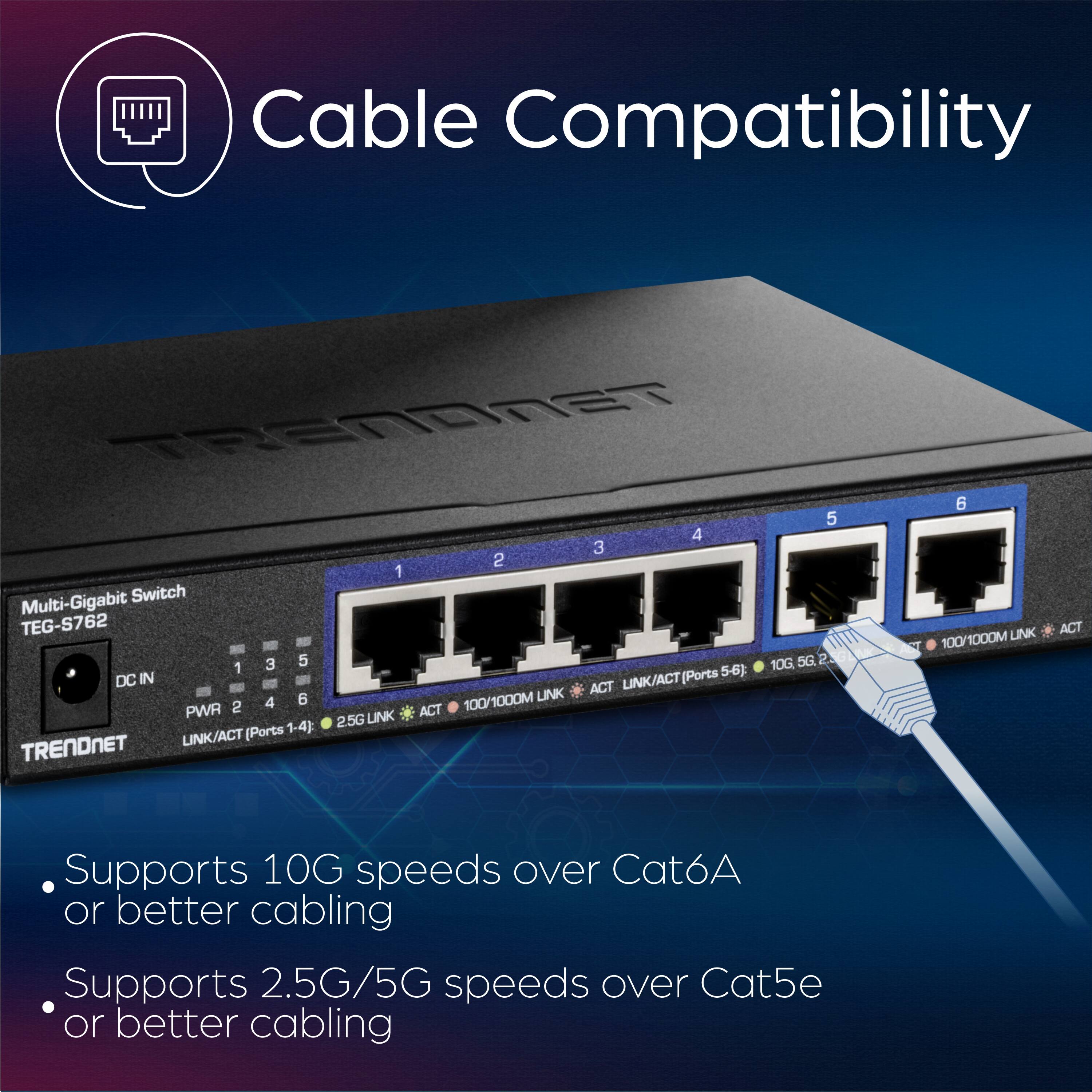 Cable Compatibility

Multi-Gigabit Switch  
TEG-S762

- Supports 10G speeds over Cat6A or better cabling
- Supports 2.5G/5G speeds over Cat5e or better cabling