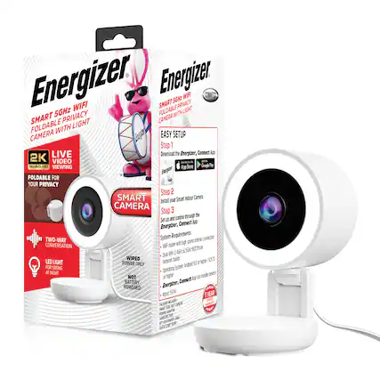 Energizer WIFT CONNECT SMART SGH1 WIFI PRIVACY 5GHz PRIVACY FOLDABLE WITH LIGHT SMART LIGHT CAMERA FOLDABLE WITH CAMERA EASY SETUP
Step 1: LIVE 2K VIDEO - QUAD HD VIEWING
Download the Energizer, Connect App from the App Store or Google Play
Step 2: SMART Smart Indoor Camera
Install your CAMERA
Step 3: Set up and control through the Energizer, Connect App
System Requirements:
- WiFi router with high speed internet connection
- Dual WiFi 2.4GHz/5GHz bands
- Operating System: Android 9.0 or higher / iOS 13.5 or higher
- NOT BATTERY POWERED
Features:
- 2K QUAD HD VIEWING
- LIVE VIDEO
- FOLDABLE FOR YOUR PRIVACY
- TWO-WAY CONVERSATION
- LED LIGHT FOR SEEING AT NIGHT
- WIRED POWER ONLY
1 YEAR WARRANTY
PACKAGE INCLUDES:
- Smart WiFi Camera
- Power Adapter
- USB Adapter
- Quick Start Guide
