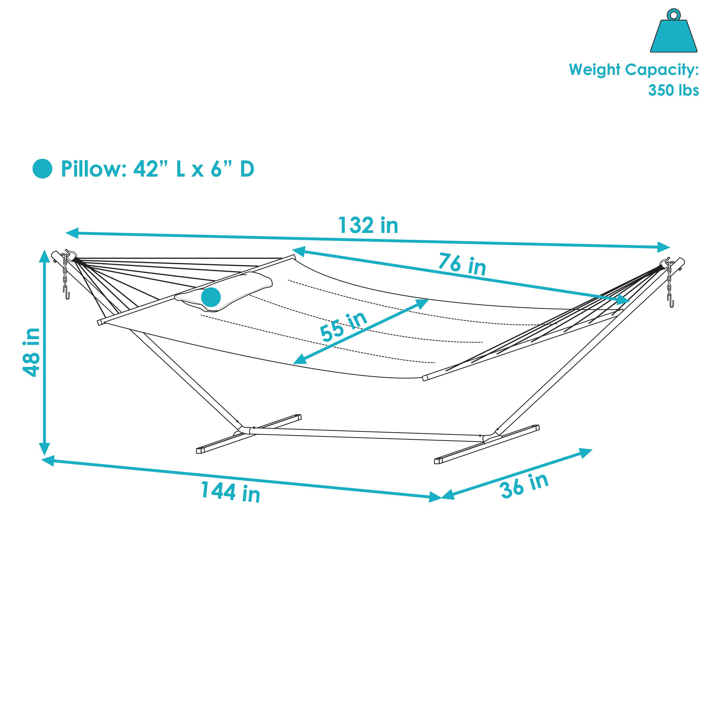 Weight Capacity: 350 lbs

Pillow: 42" L x 6" D

Dimensions:
- Length: 132 in
- Width: 76 in
- Height: 48 in
- Diagonal: 144 in
- Depth: 36 in
- Pillow Depth: 55 in