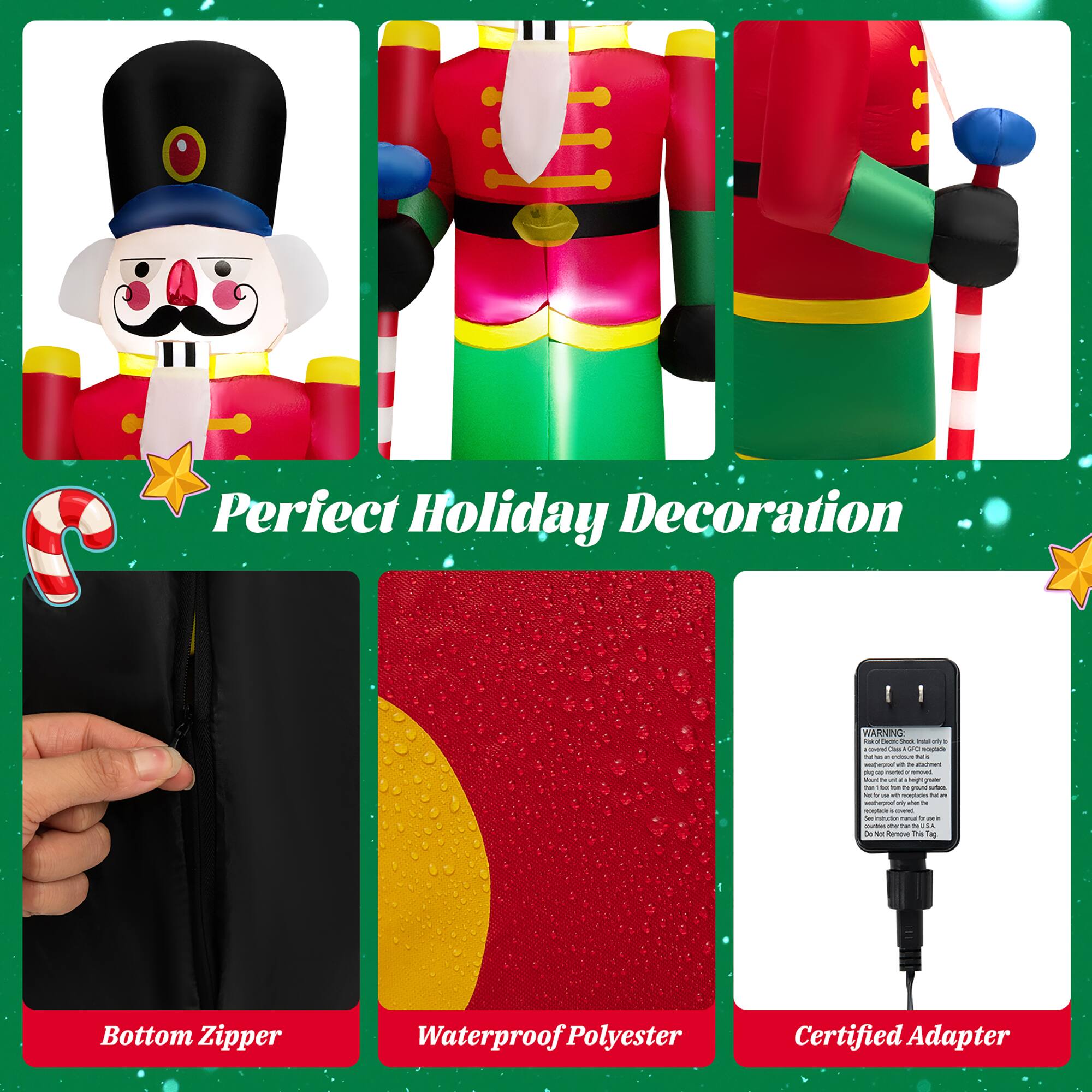 Perfect Holiday Decoration:

1. Bottom Zipper
2. Waterproof Polyester
3. Certified Adapter