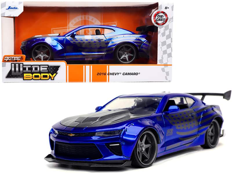 2016 Chevrolet Camaro Widebody Candy Hood with American Flag "Bigtime Muscle" 1/24 Diecast by Jada - Blue Gray Metallic