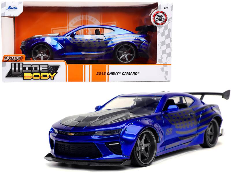 2016 Chevrolet Camaro Widebody Candy Hood with American Flag "Bigtime Muscle" 1/24 Diecast by Jada - Blue Gray Metallic