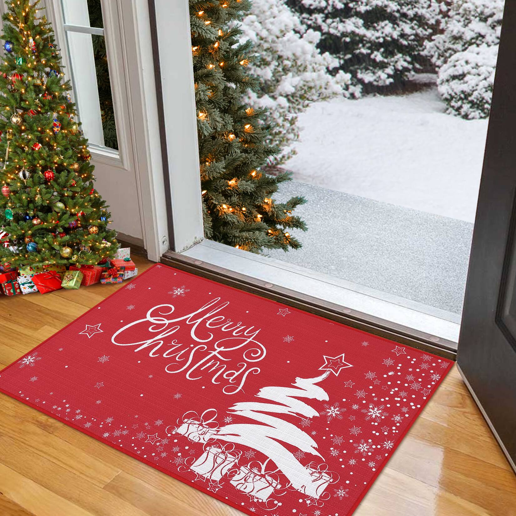 GARVEE Christmas Greetings Mat Festive Snowflake Design Non Slip Indoor ...