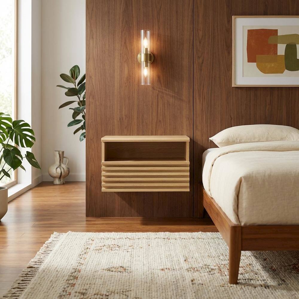 Left. FurniFact - Wall-Mount Nightstand with Compact Design and Modern Style - Brown.