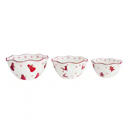 Front. Euro Ceramica Home - Winterfest 3 Piece Nesting Serving Bowl Set - White and Red.
