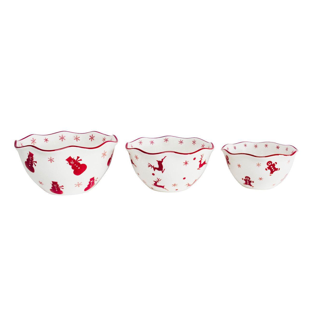 Front. Euro Ceramica Home - Winterfest 3 Piece Nesting Serving Bowl Set - White and Red.