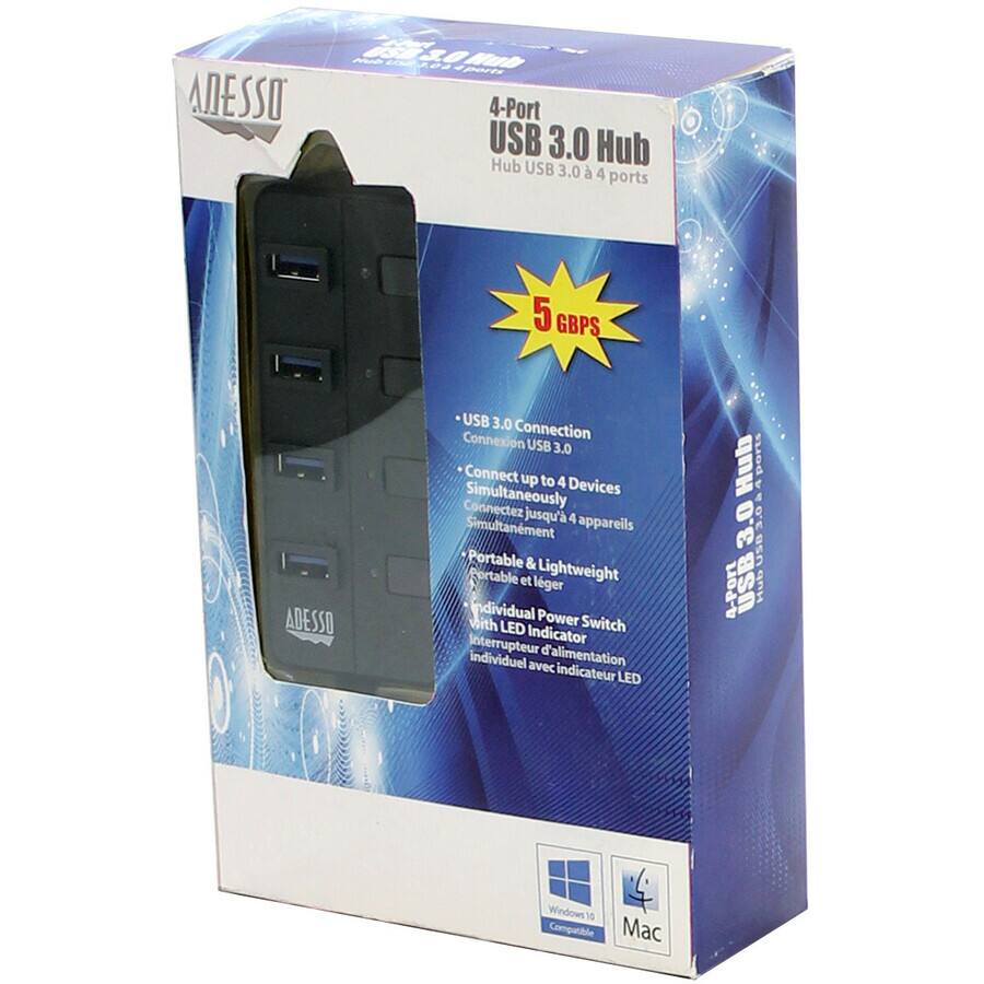 ADESSO 4-Port USB 3.0 Hub  
4 ports  
5 GBPS  
USB 3.0 Connection  
Connect up to 4 Simultaneously Devices  
Portable & Lightweight  
Individual Power with LED Switch  
Compatible with Windows 10 and Mac