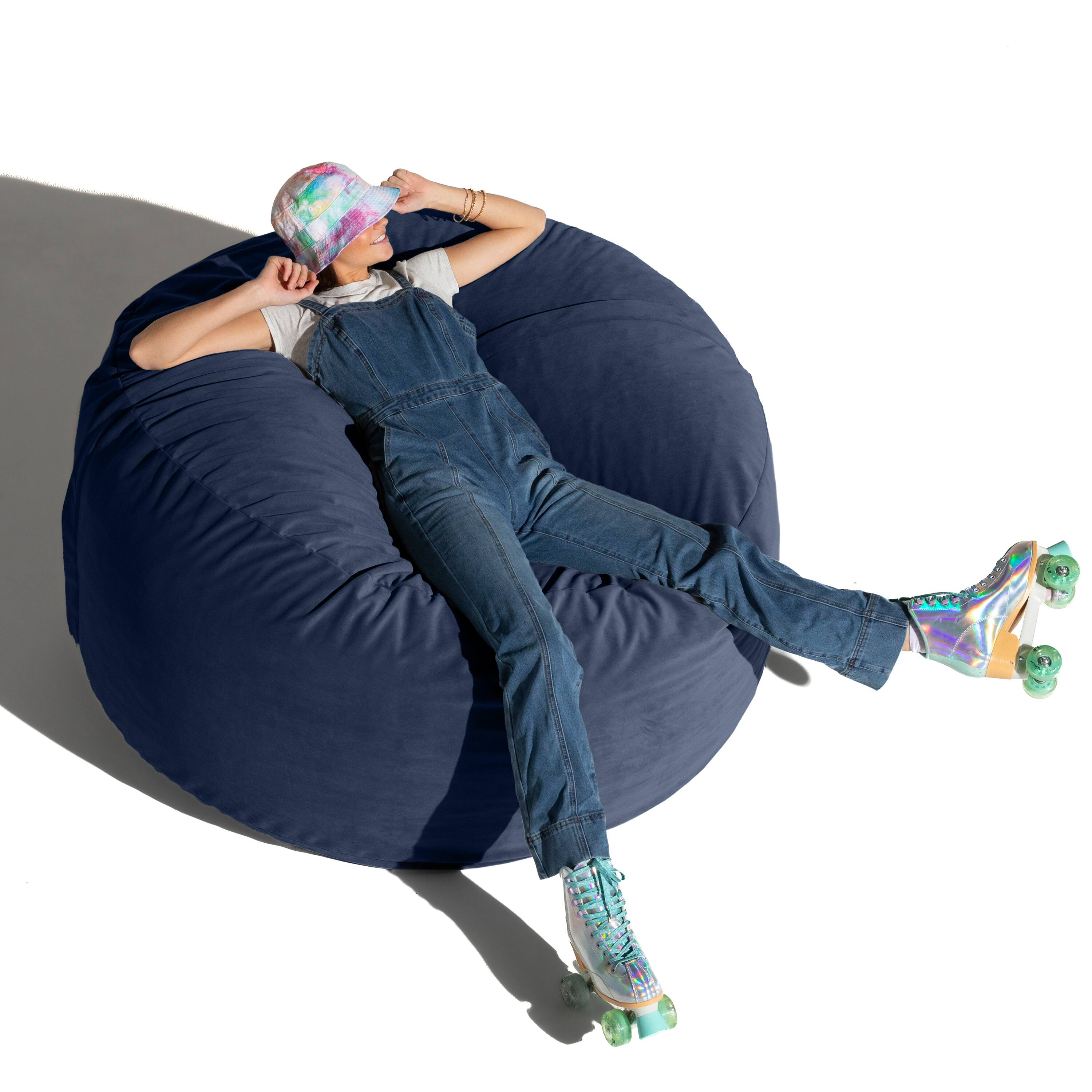 Left. Jaxx - Jaxx 5 Foot Saxx - Large Round Bean Bag Chair for Adults - Lush Velvet Navy Blue - Lush Velvet Navy Blue.