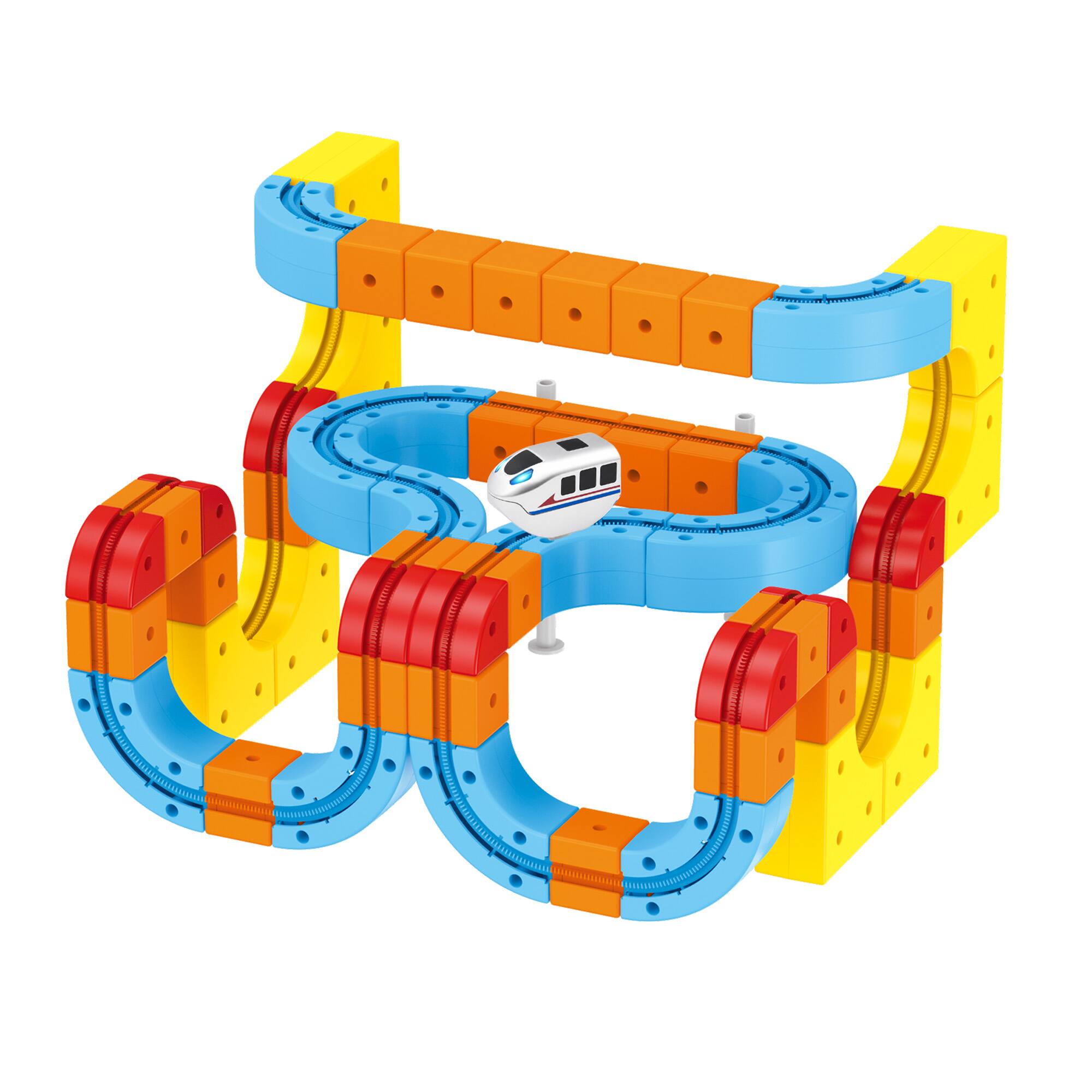 Alt View 1. Contixo - MT5 3D Gear Track 147-Piece Building Block Railway with Remote Control Motorized Train, Ages 6+ - Blue and Orange.
