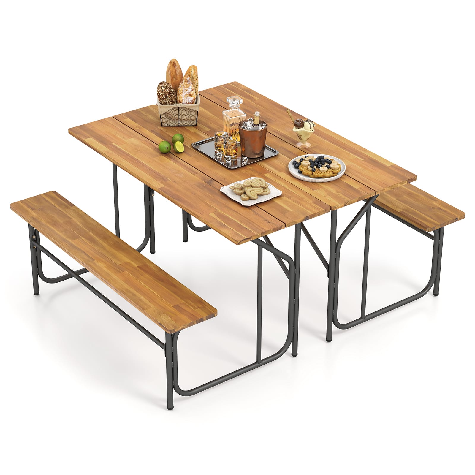 Gymax - 2PCS Table Bench Set for 2 Picnic Table & Loveseat w/Acacia Wood Top Metal Legs - Black