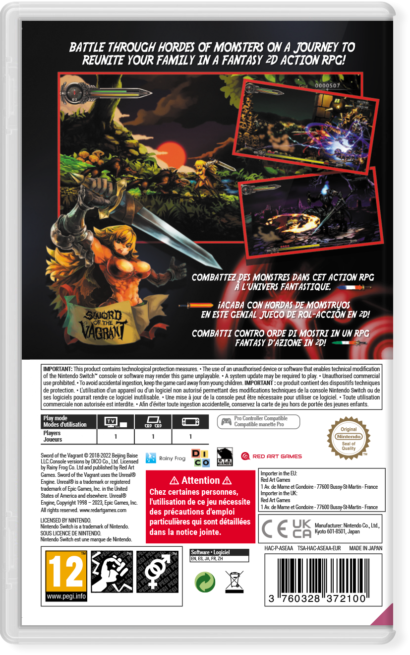 BATTLE THROUGH HORDES OF MONSTERS ON A JOURNEY TO REUNITE YOUR FAMILY IN A FANTASY 2D ACTION RPG!

COMBATTEZ DES MONSTRES DANS CET ACTION RPG L'UNIVER FANTASTIQUE.

¡ACABA CON HORDAS DE MONSTRUOS EN ESTE GENIAL JUEGO DE ROL-ACCIÓN EN 2D!

COMBATTI CONTRO ORDE DI MOSTRI IN UN RPG FANTASY D'AZIONE IN 2D!

IMPORTANT: This product contains technological protection measures. The use of an unauthorised device or software that enables technical modification of the Nintendo Switch™ console or software may render this game unplayable. A system update may be required to play. Unauthorised commercial use prohibited. To avoid accidental ingestion, keep the game card away from young children.

IMPORTANT produit contient des dispositifs techniques de protection. L'utilisation d'un appareil ou d'un logiciel non autorisé permettant des modifications techniques de la console Nintendo Switch™ ou des logiciels pourrait rendre ce logiciel inutilisable. Une mise à jour du système peut être nécessaire pour utiliser ce logiciel. Toute utilisation commerciale non autorisée est interd
