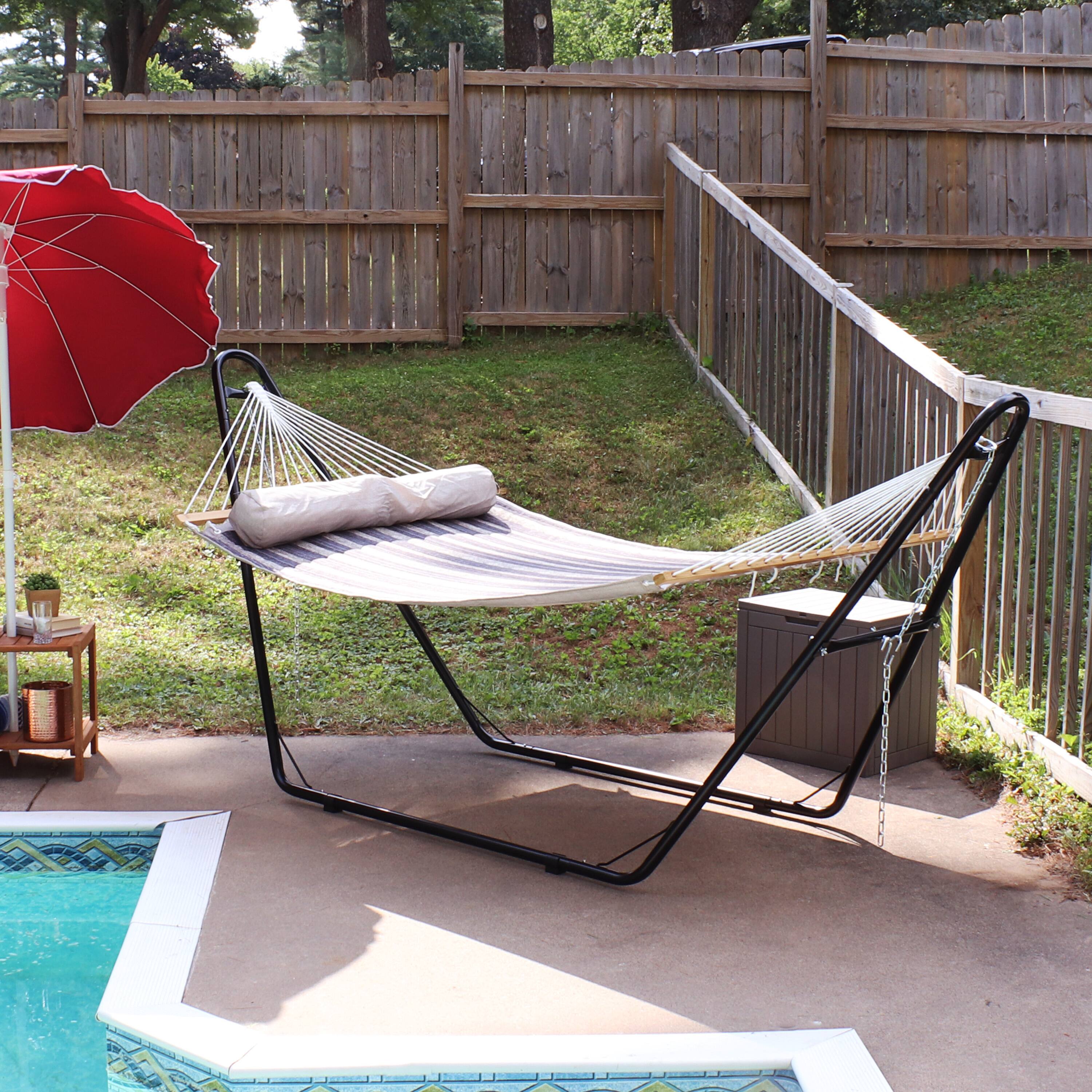 Alt View 7. Sunnydaze - Quilted 2-Person Hammock with Universal Stand - Mountainside.