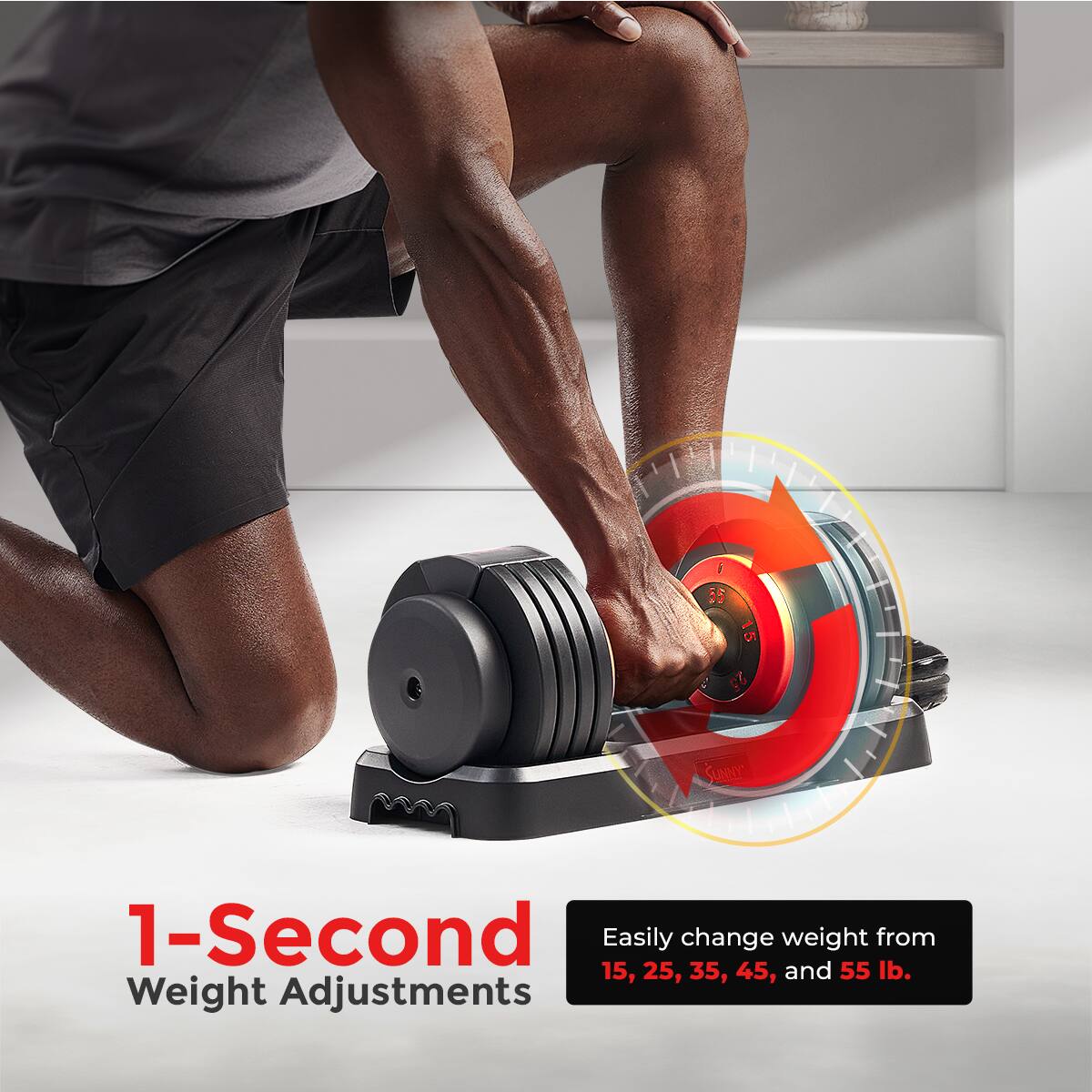 1-Second Weight Adjustments, Easily change weight from 15, 25, 35, 45, and 55 lb.