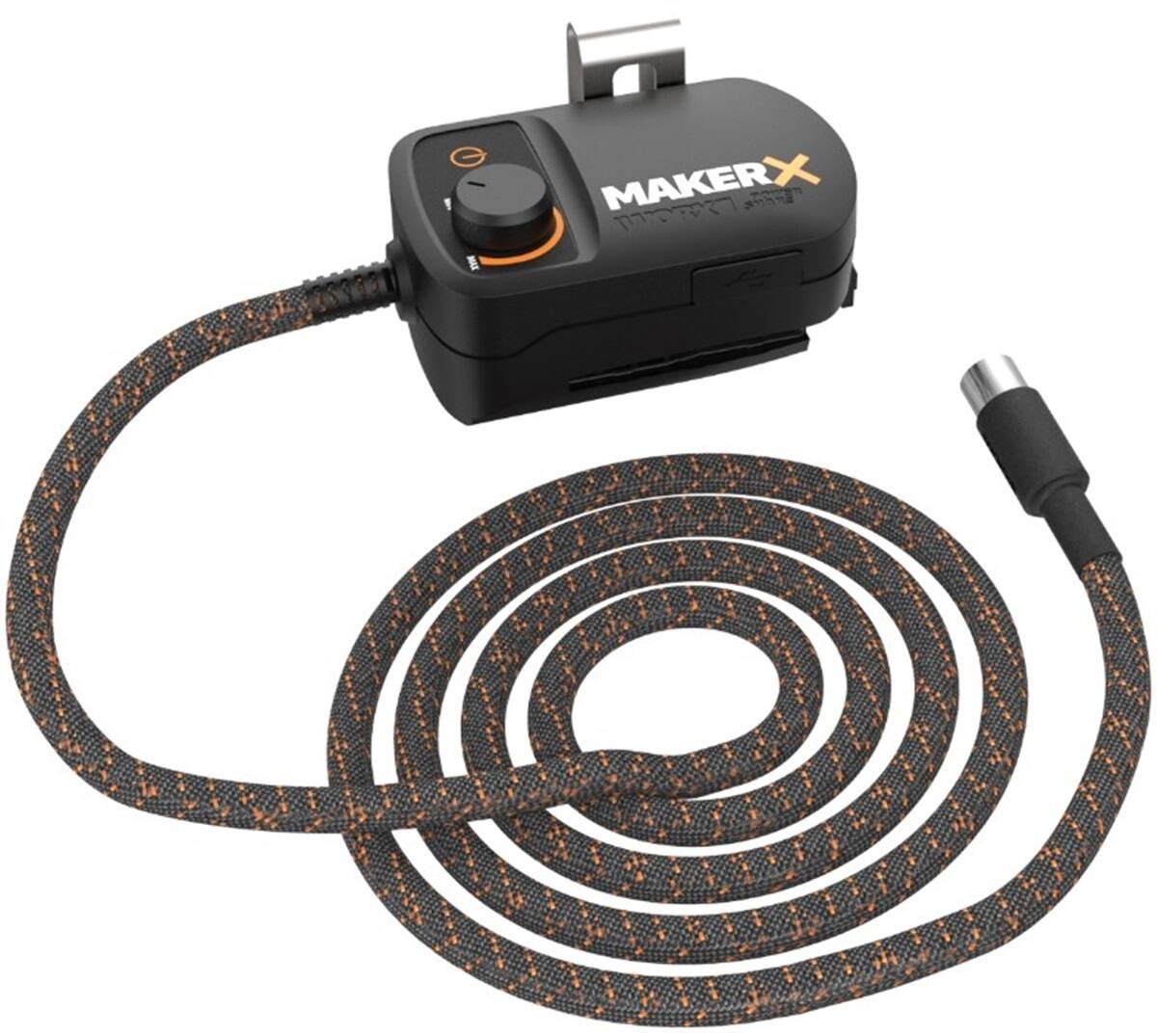 MAKERX 1703X is a black and orange device that is connected to a cord.