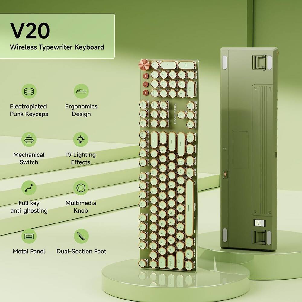 V20  
Wireless Typewriter Keyboard  

- Electroplated Punk Keycaps  
- Ergonomics Design  
- Mechanical Switch  
- 19 Lighting Effects  
- Full key anti-ghosting  
- Multimedia Knob  
- Metal Panel  
- Dual-Section Foot