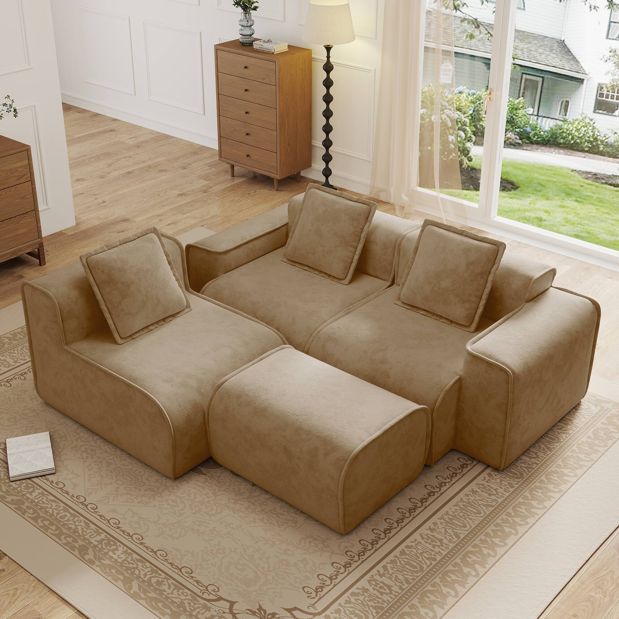 Left. Anysun - Streamlined L-Shape Velvet Sectional Sofa - 3-Seat Boneless Design, No Assembly, Includes Pillows & Ottoman - Brown.