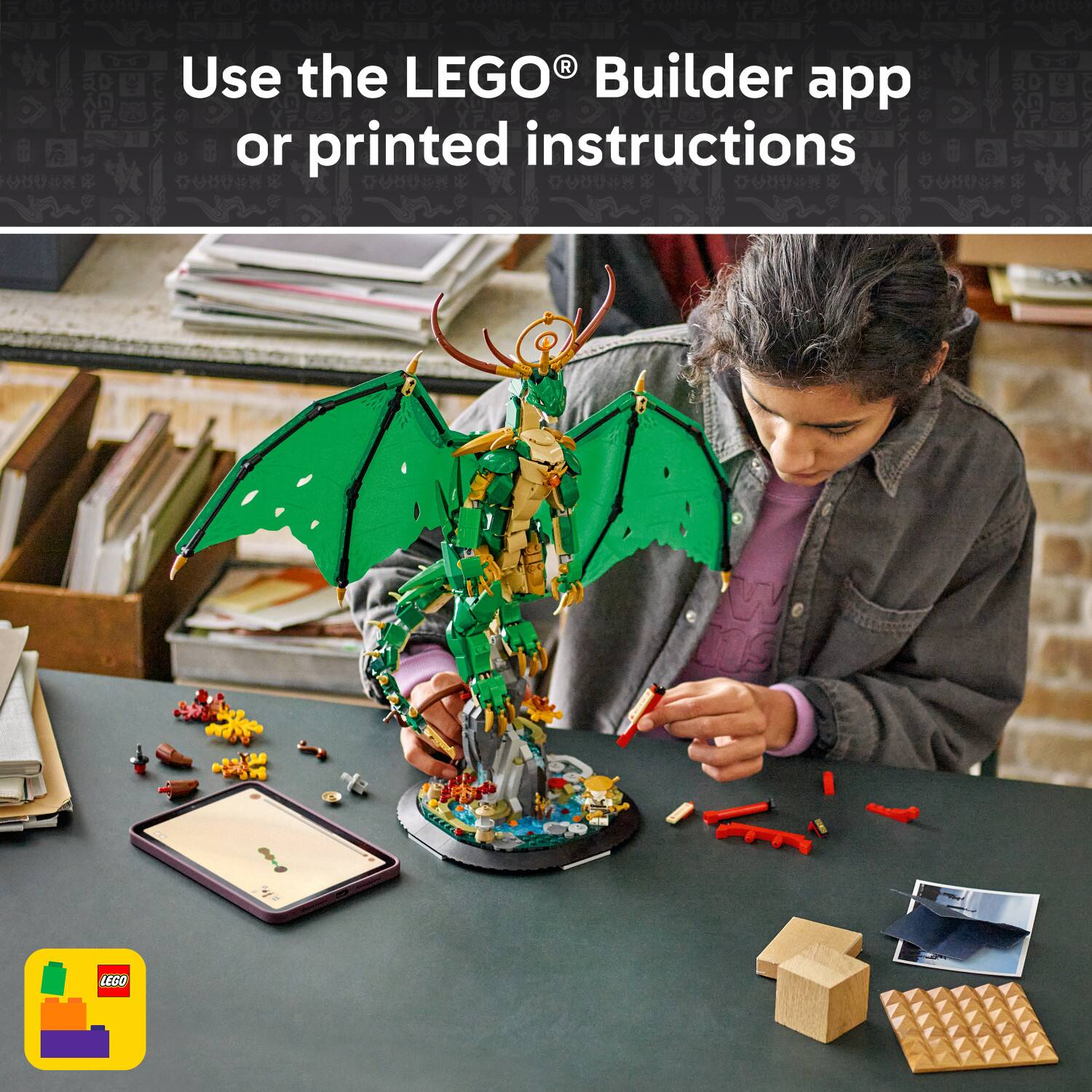 Use the LEGO Builder app or printed instructions.