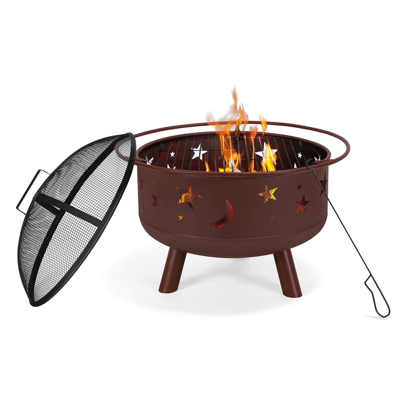 Oumilen - 24" Bronze Outdoor Fire Pit with Star & Moon Cutouts, Grill & Spark Screen
