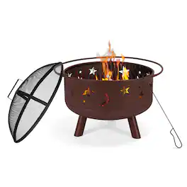 Oumilen - 24" Bronze Outdoor Fire Pit with Star & Moon Cutouts, Grill & Spark Screen