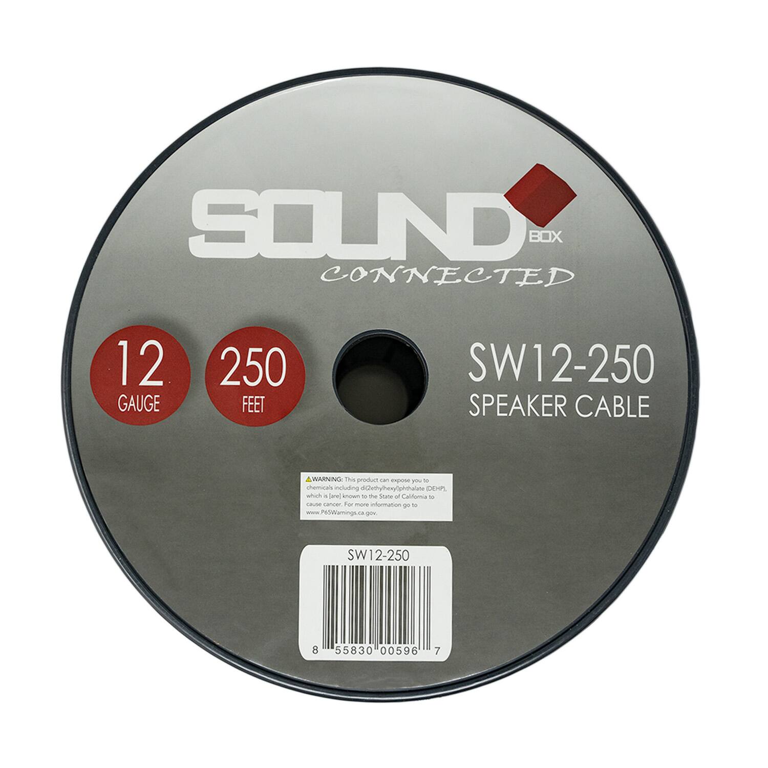 SOUND BOX CONNECTED  
12 GAUGE 250 FEET  
SW12-250 SPEAKER CABLE  

WARNING: This product can expose you to chemicals including di(2-ethylhexyl)phthalate (DEHP), which is known to the State of California to cause birth defects or other reproductive harm. For more information go to www.P65Warnings.ca.gov  

SW12-250  
8 55830 00596 7