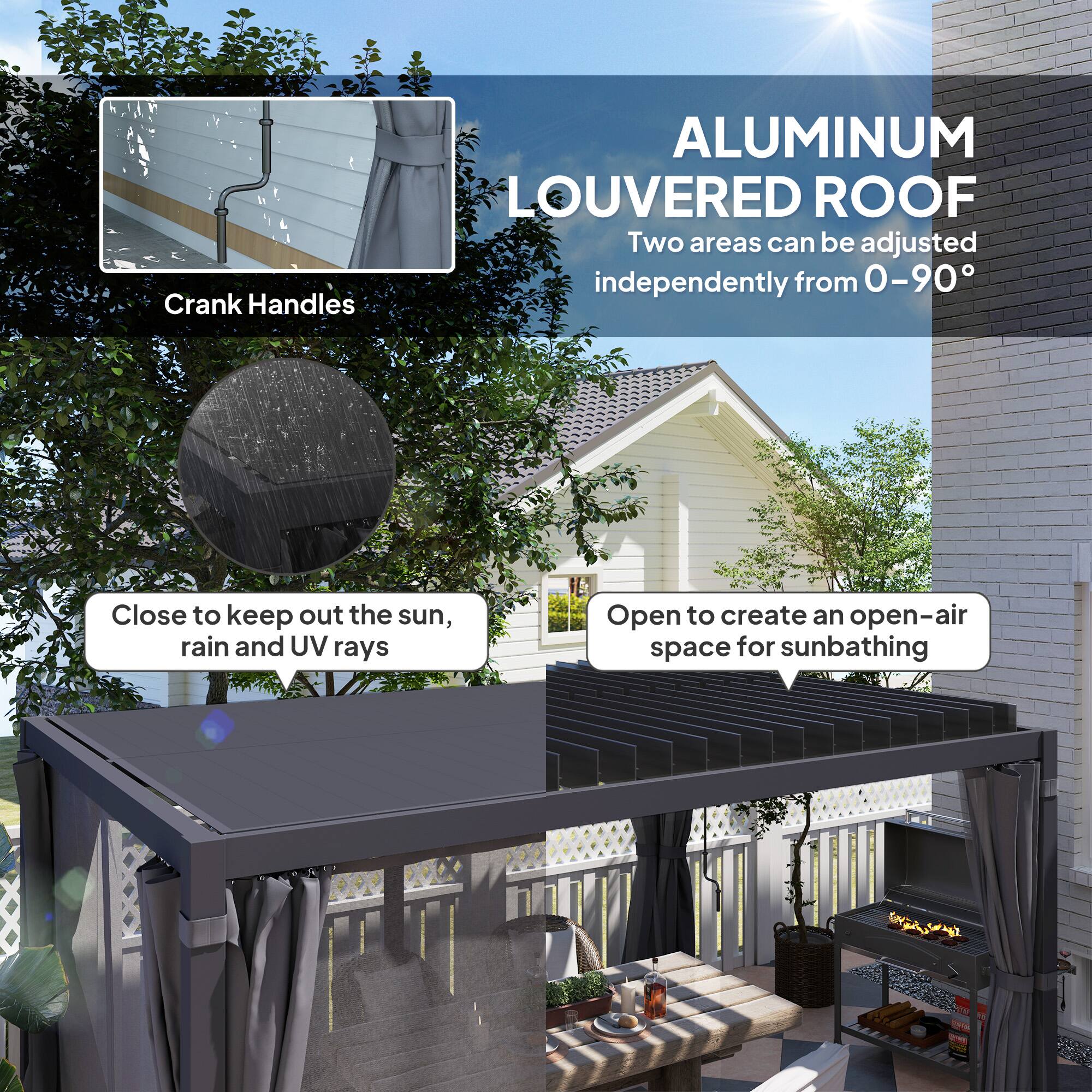 ALUMINUM LOUVERED ROOF, Two areas can be adjusted independently from 0-90, Crank Handles, Close to keep out the sun, rain and UV rays, Open to create an open-air space for sunbathing