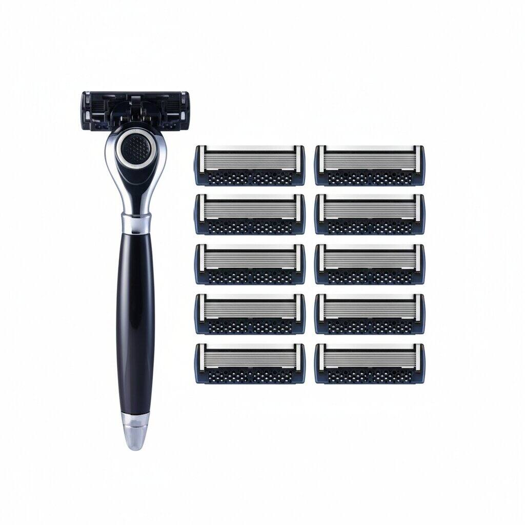 Front. Dazzed Corner - 7-Blade Razor System, Pivoting Head, 9-Pack (1 Handle + 9 Cartridges) - Black.