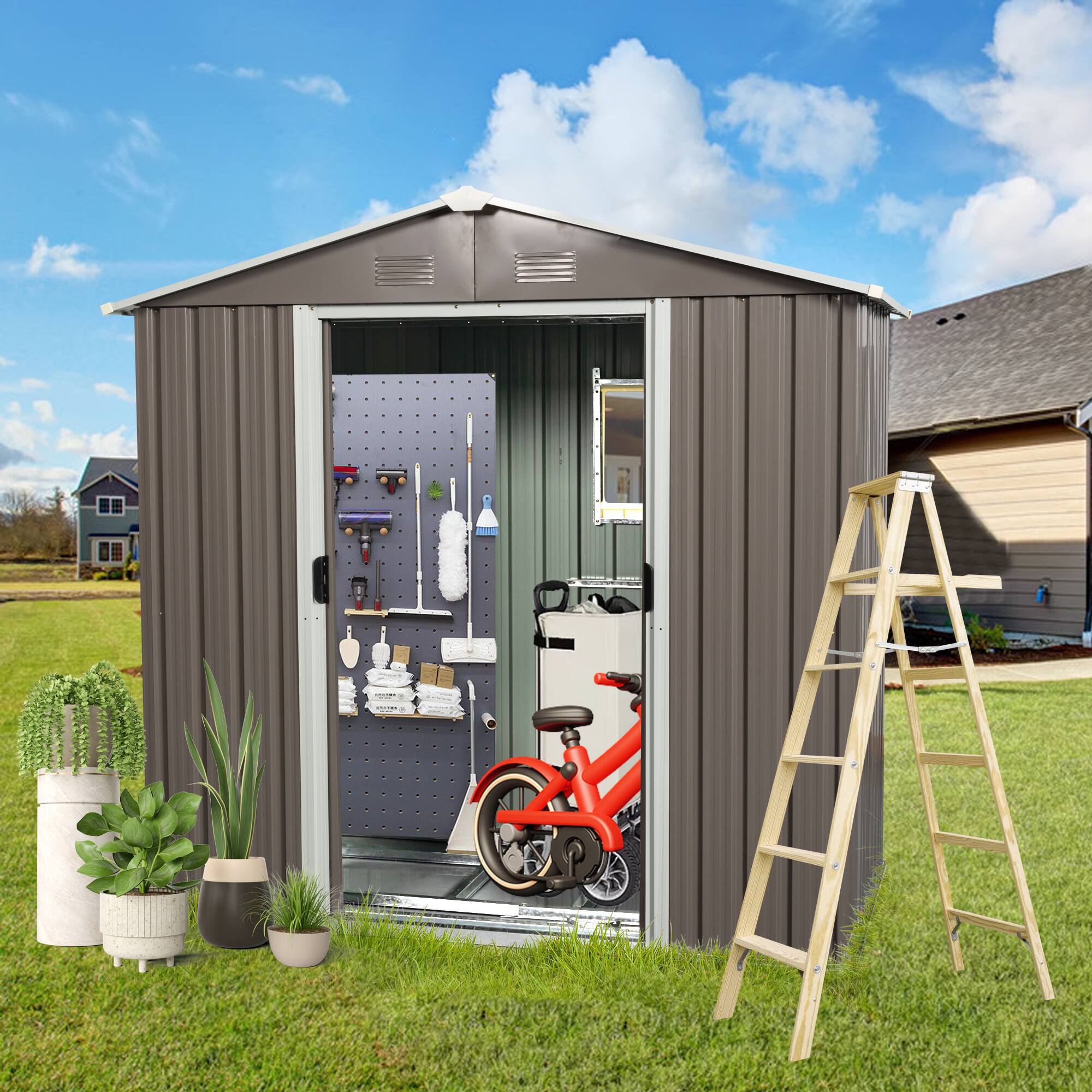 Left. Mondawe - 8ft x 4ft Outdoor Metal Storage Shed With window - Gray.