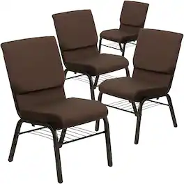 Emma + Oliver - 4 Pack 18.5''W Church Chair with Book Rack - Brown Fabric/Gold Vein Frame