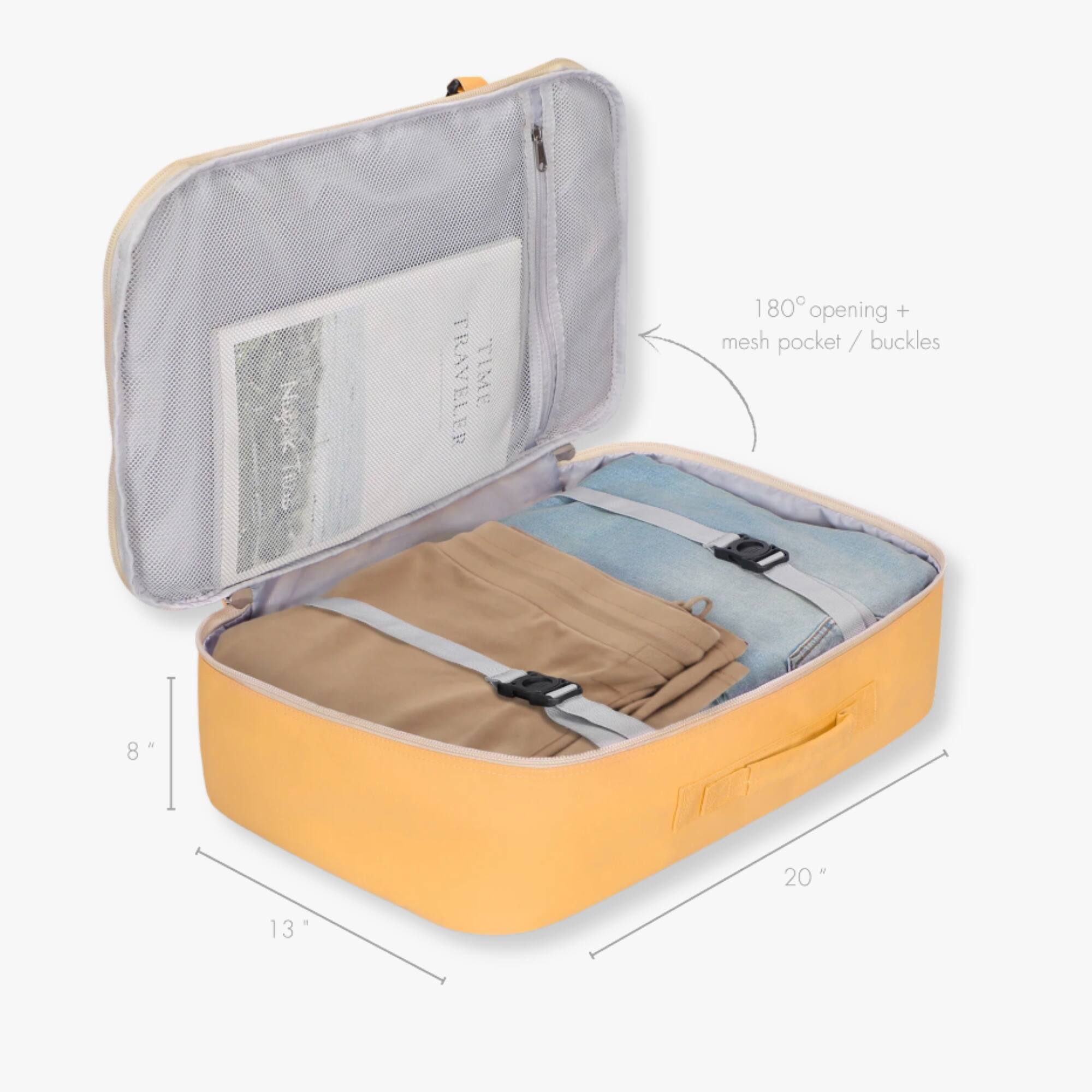 TRAVELER  
AVETI.I.  
180° opening + mesh pocket / buckles  
8"  
20"  
13"