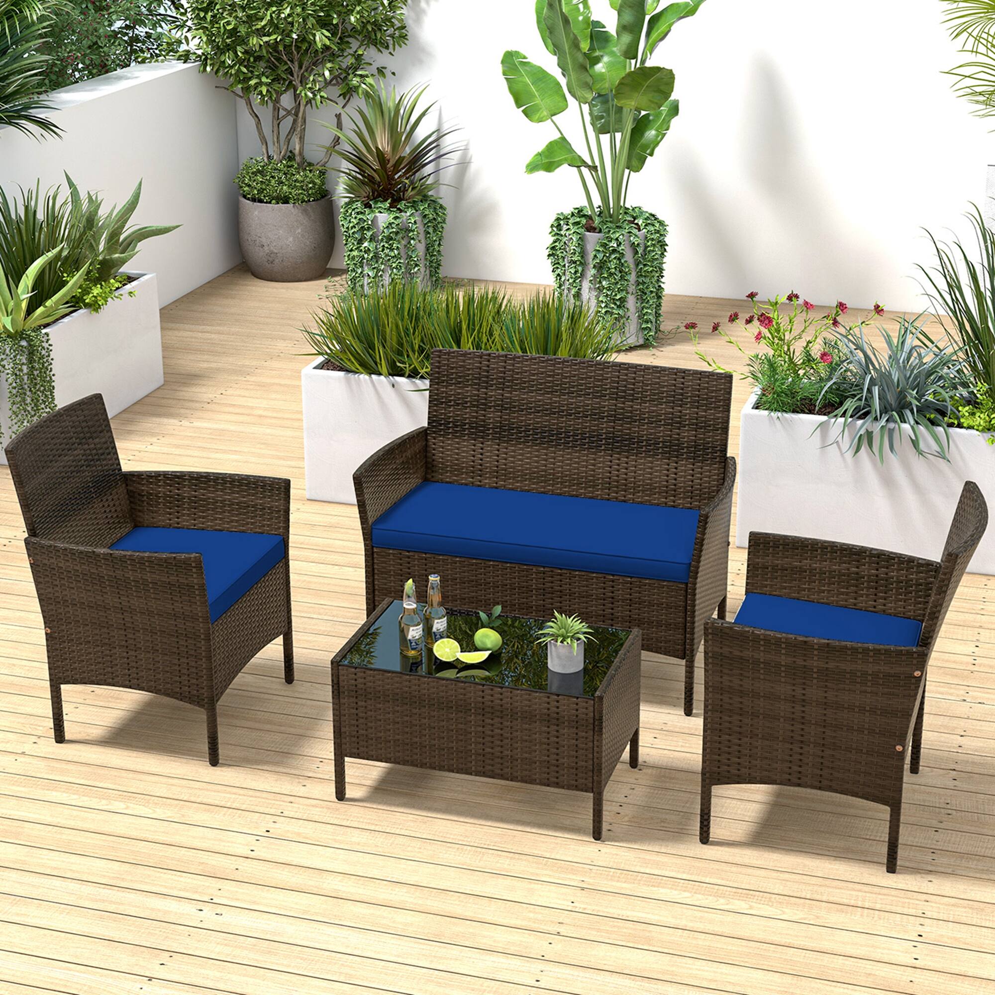 Alt View 2. Costway - 4 PCS Patio Furniture Set with Washable Cushions and Tempered Glass Coffee Table - Mix Brown + Navy.