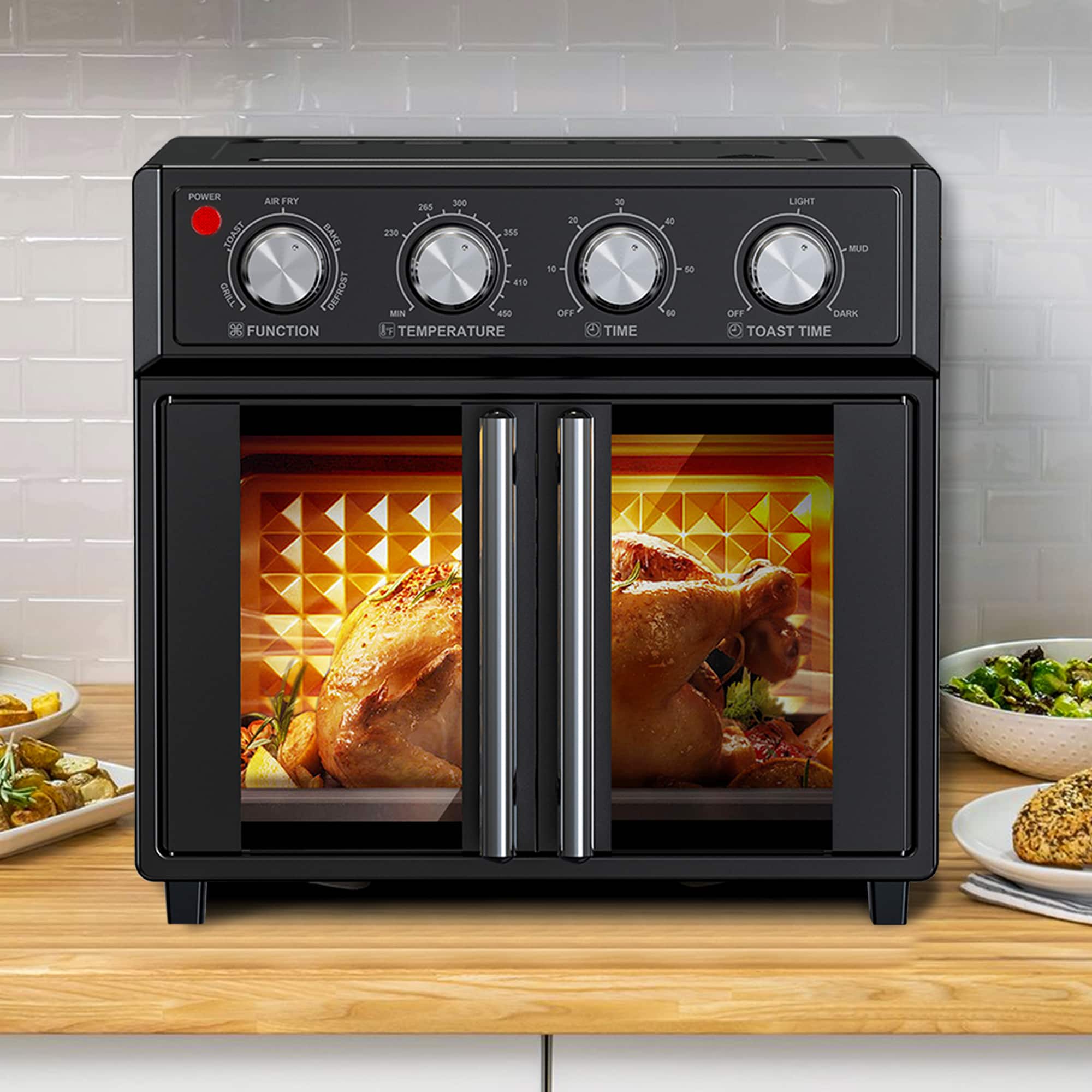 Akoasm - 7-in-1 26QT Large French Double-Door Air Fryer Convection Toaster Oven, 1700W, 7 Preset Menus, Stainless Steel - Black