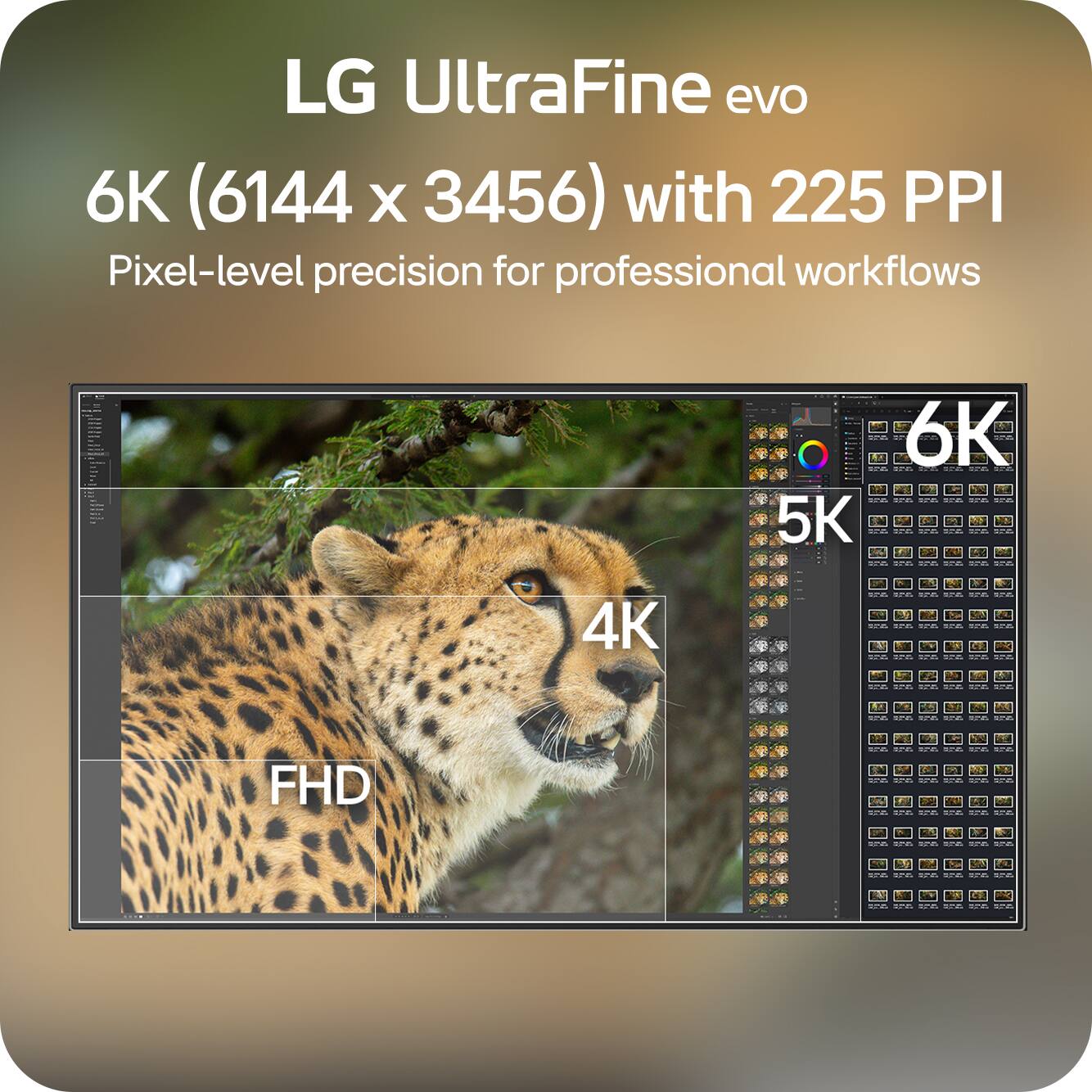 LG UltraFine evo  
6K (6144 x 3456) with 225 PPI  
Pixel-level precision for professional workflows  

6K  
5K  
4K  
FHD