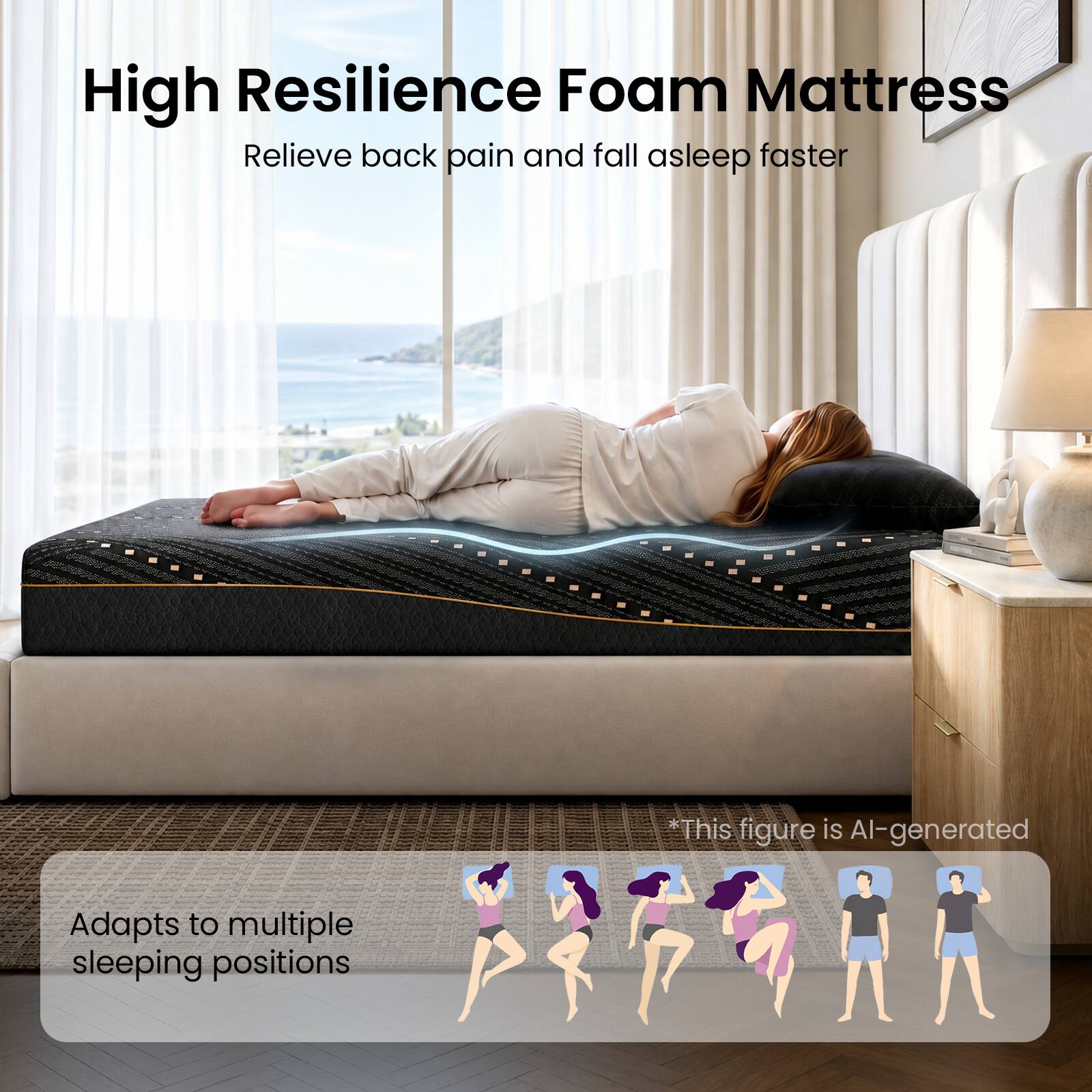 High Resilience Foam Mattress  
Relieve back pain and fall asleep faster  

Adapts to multiple sleeping positions  

*This figure is AI-generated