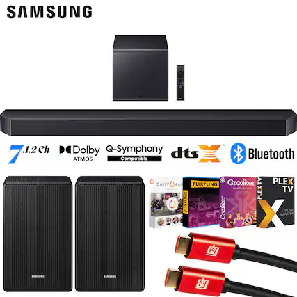 SAMSUNG
7.1.2 Ch - Dolby Q-Symphony dts ATMOS Compatible Bluetooth
Grokker TV
DAILY BUR
FLIXFLING
PLEX TV
STREAM SMARTER