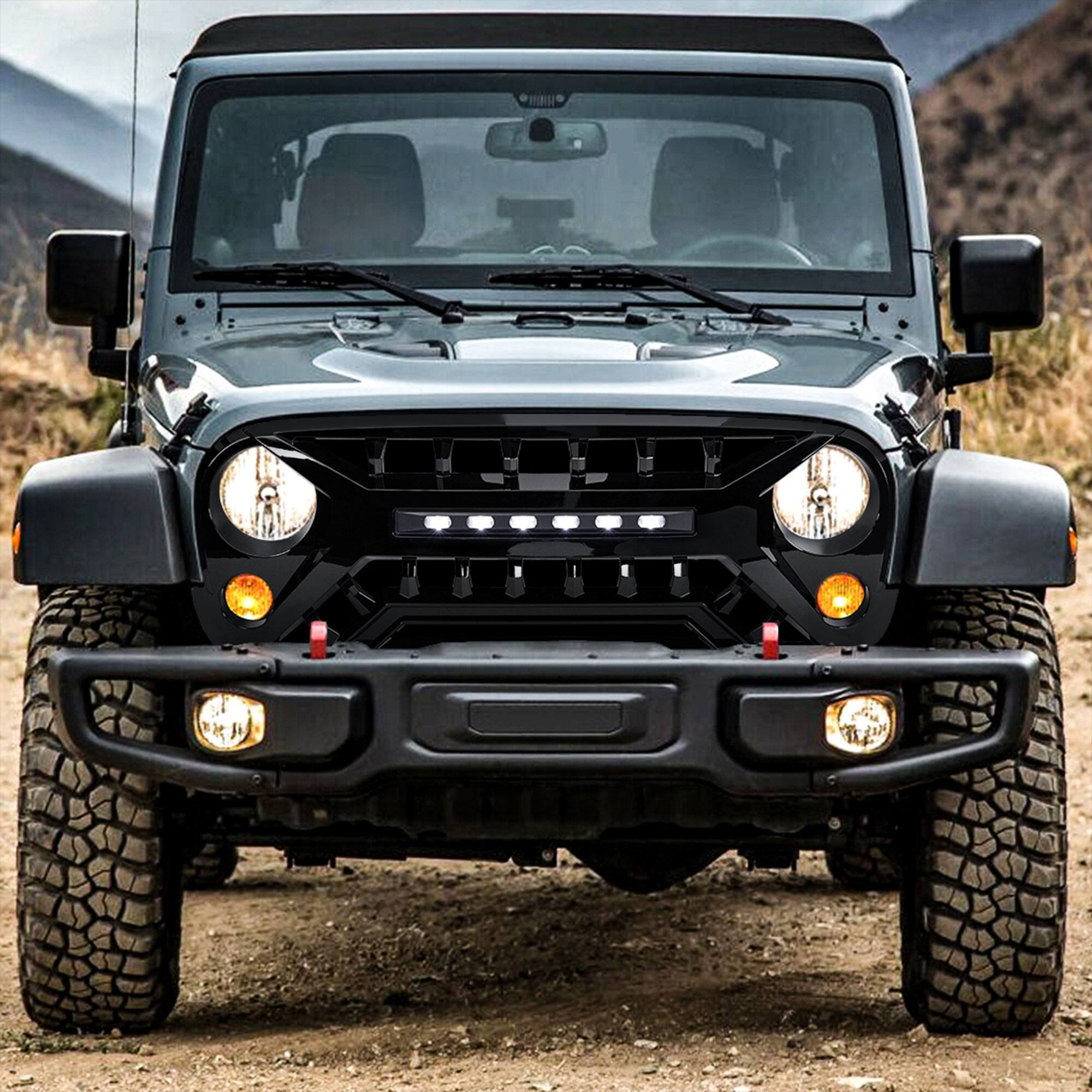 Alt View 5. AMERICAN MODIFIED - AMERICAN MODIFIED Armor Grille w/Off-Road Lights, 07-18 Jeep Wrangler JK, Black - Glossy Black.